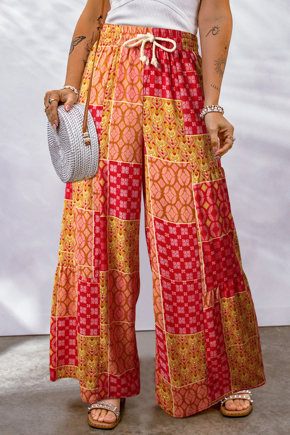 Bohemian patchwork drawstring wide leg pants in red – flowy festival-ready boho style trousers.