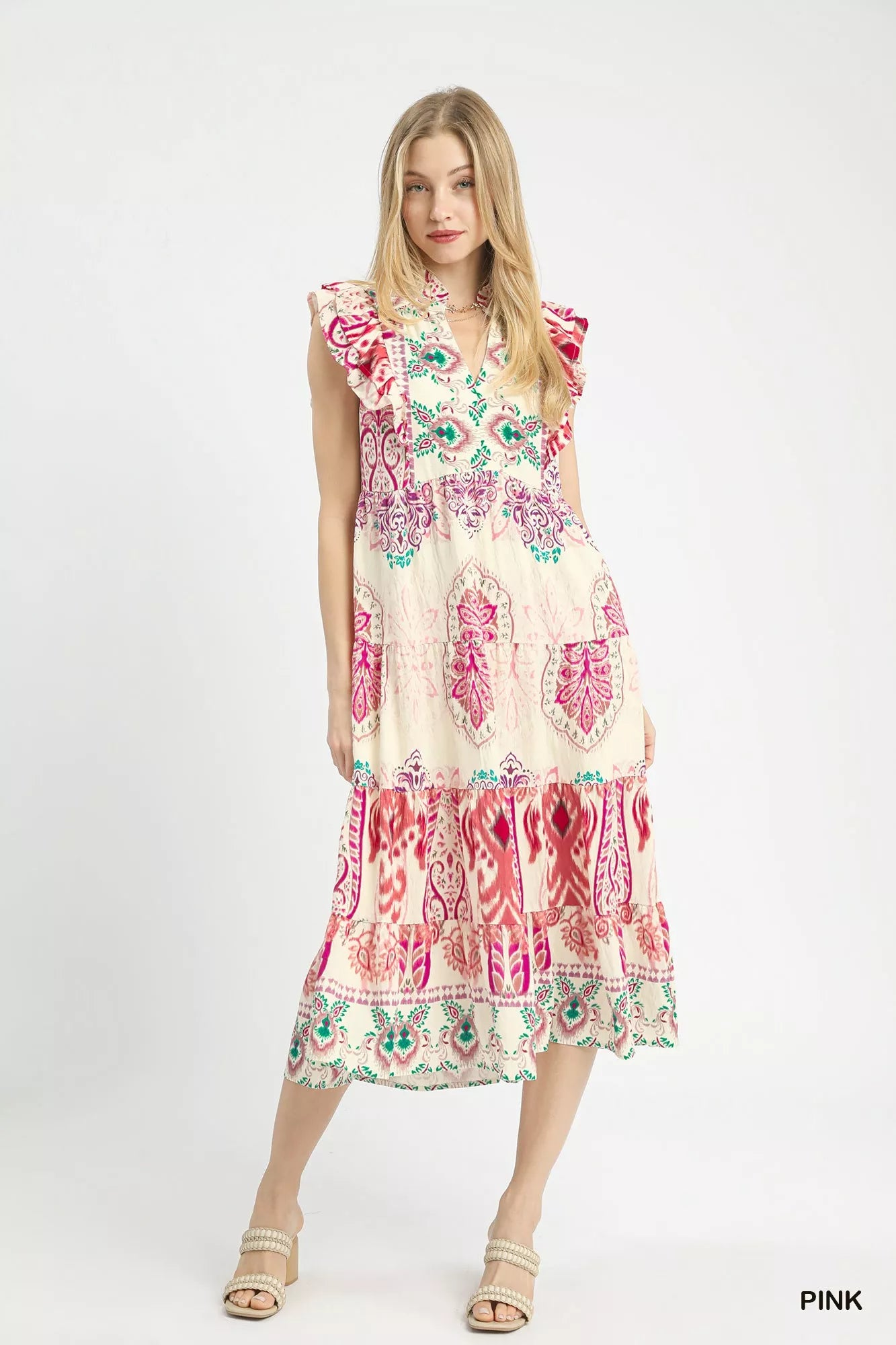 Boho border print midi dress with ruffle shoulders and tiered skirt