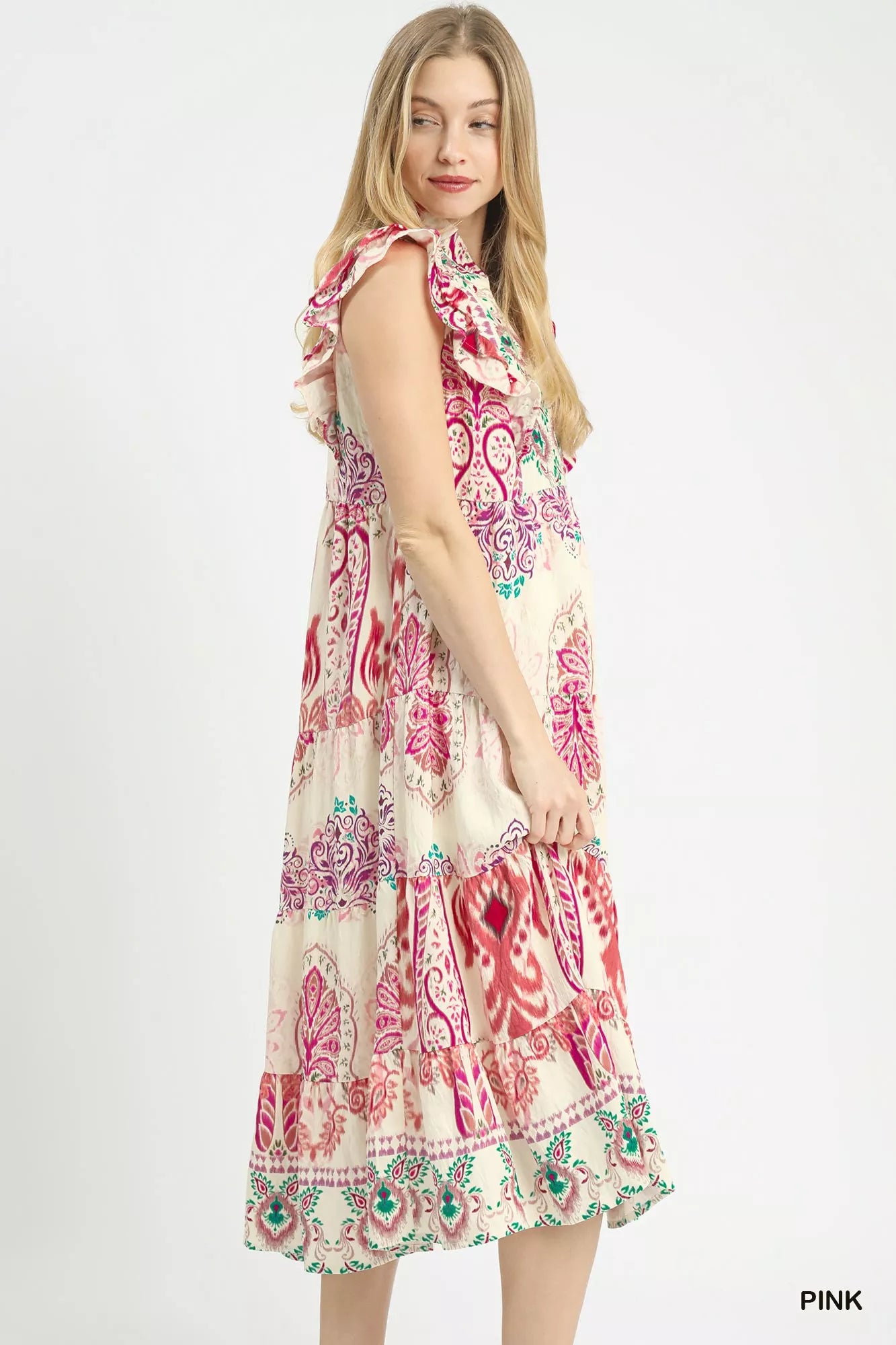 Boho border print midi dress with ruffle shoulders and tiered skirt