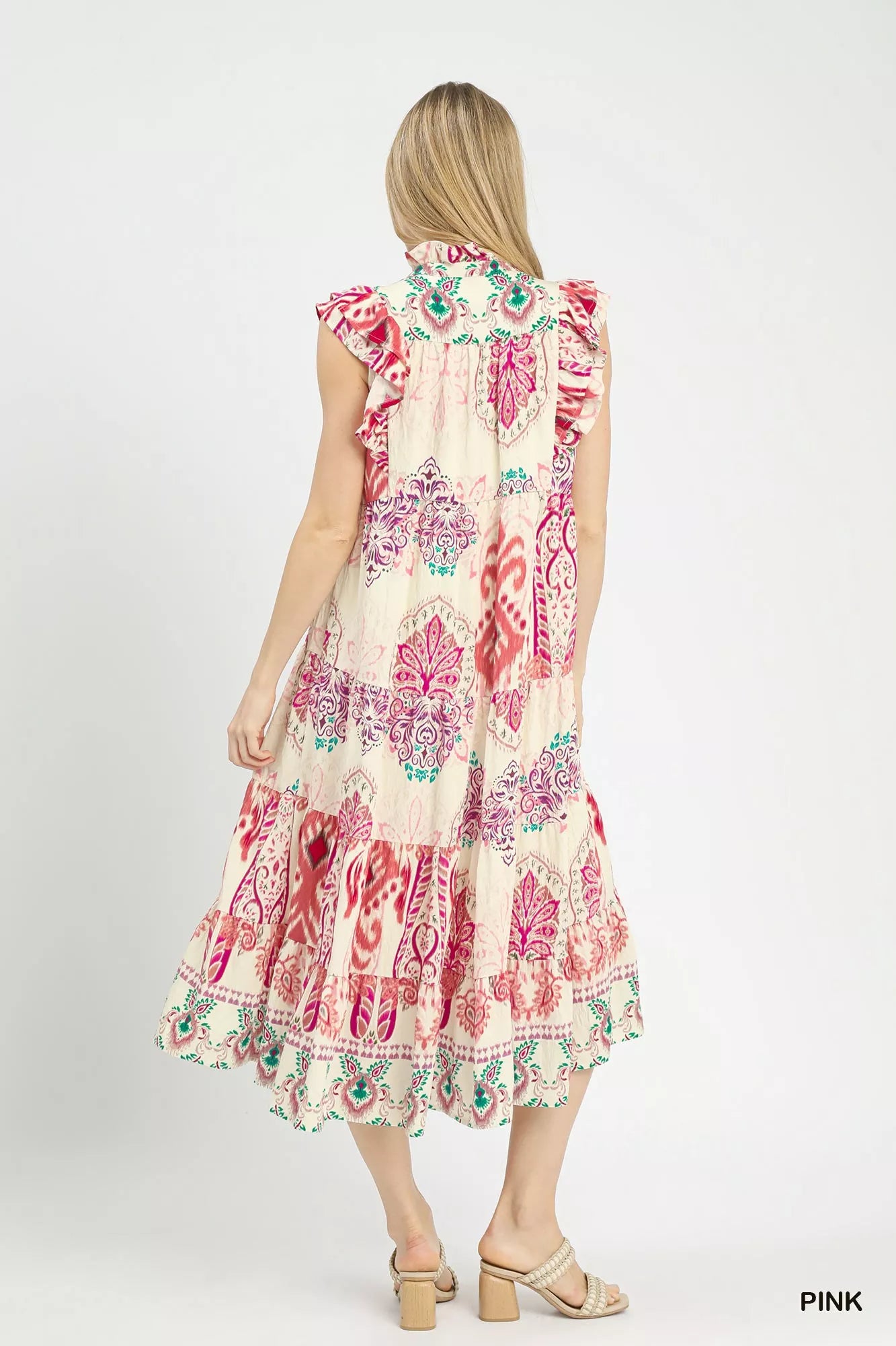 Boho border print midi dress with ruffle shoulders and tiered skirt