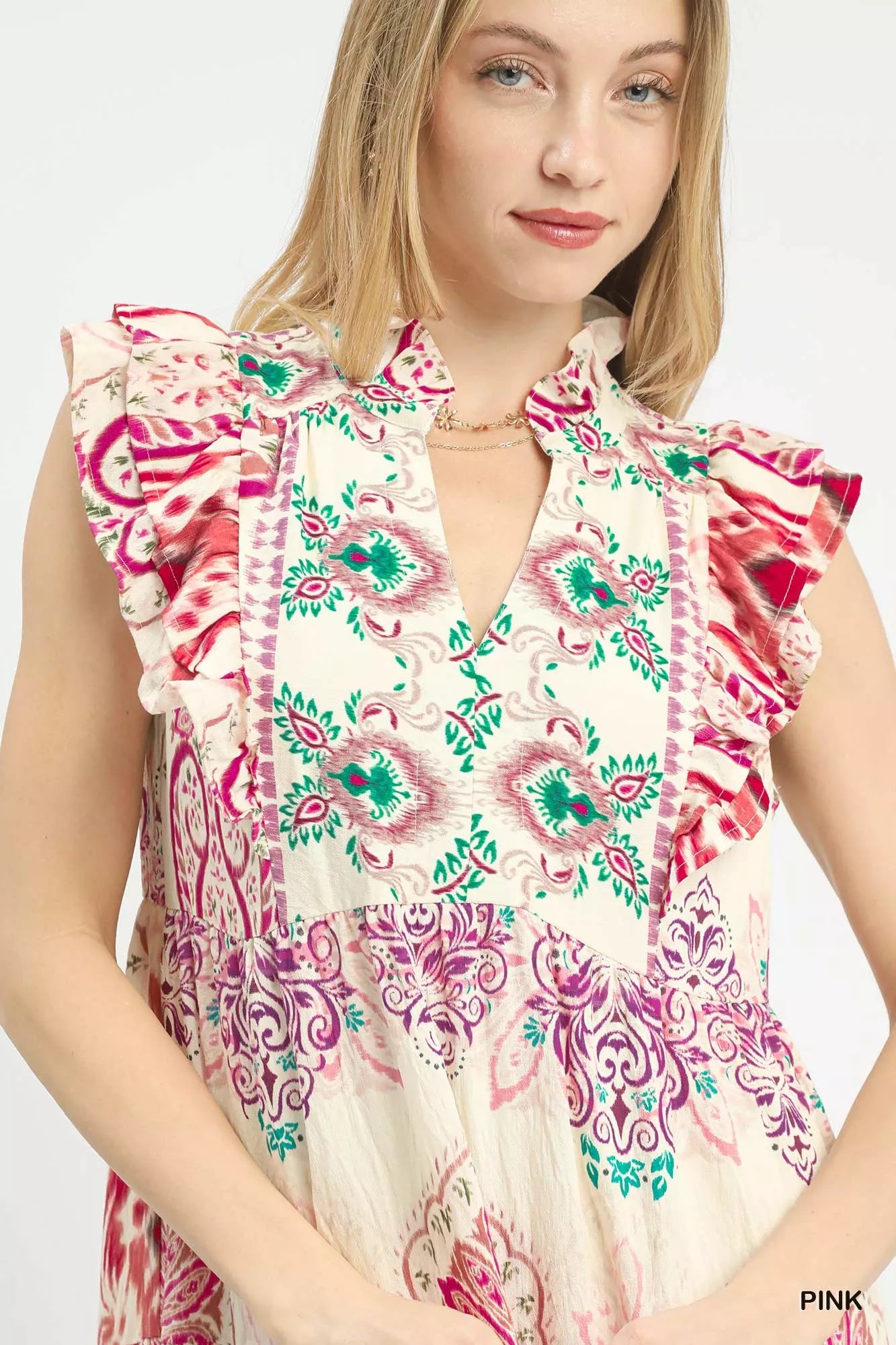 Boho border print midi dress with ruffle shoulders and tiered skirt