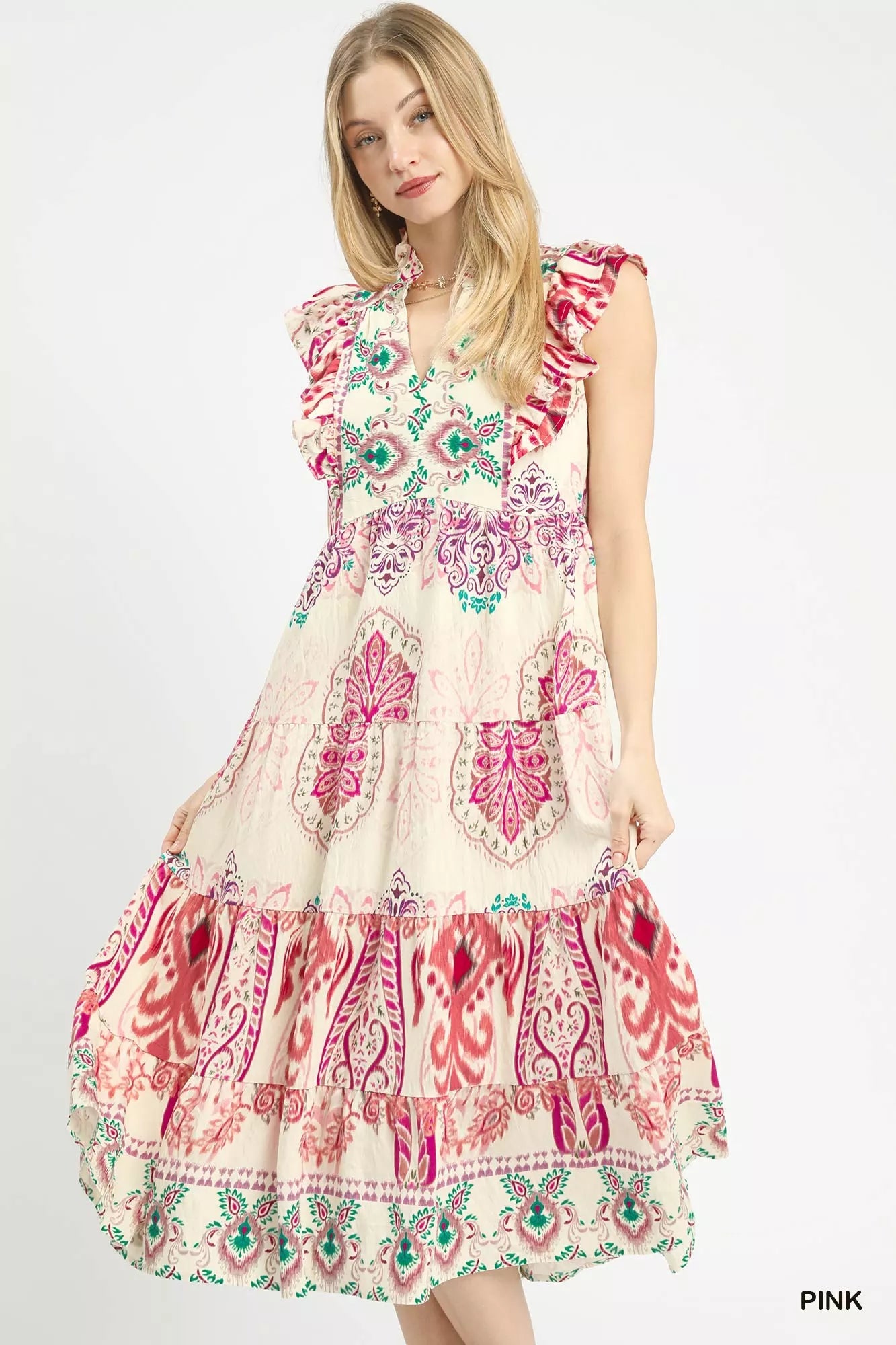 Boho border print midi dress with ruffle shoulders and tiered skirt