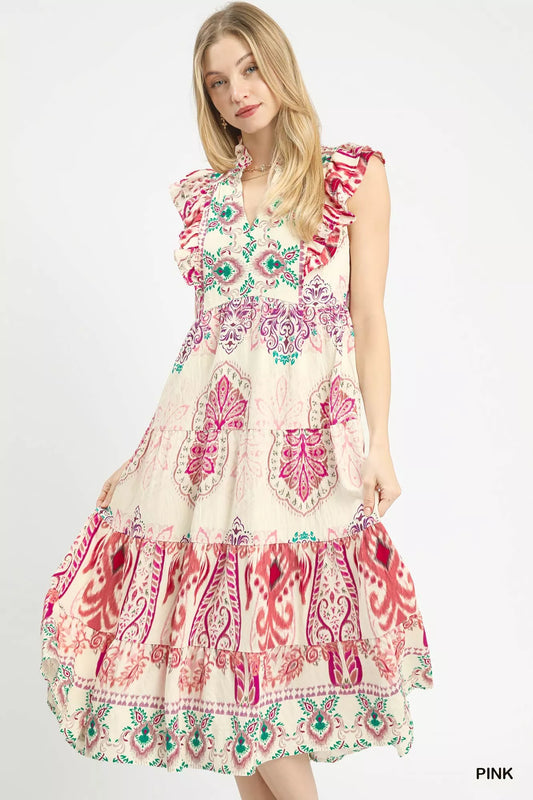 Boho border print midi dress with ruffle shoulders and tiered skirt