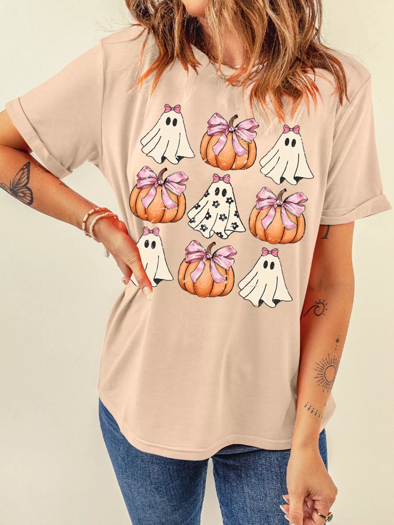 Tan Halloween tee with ghosts and pumpkins wearing pink bows – Boo Crew Bowknot style from A Whimsical Affair.