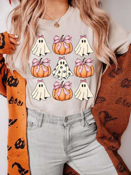 Tan Halloween tee with ghosts and pumpkins wearing pink bows – Boo Crew Bowknot style from A Whimsical Affair.