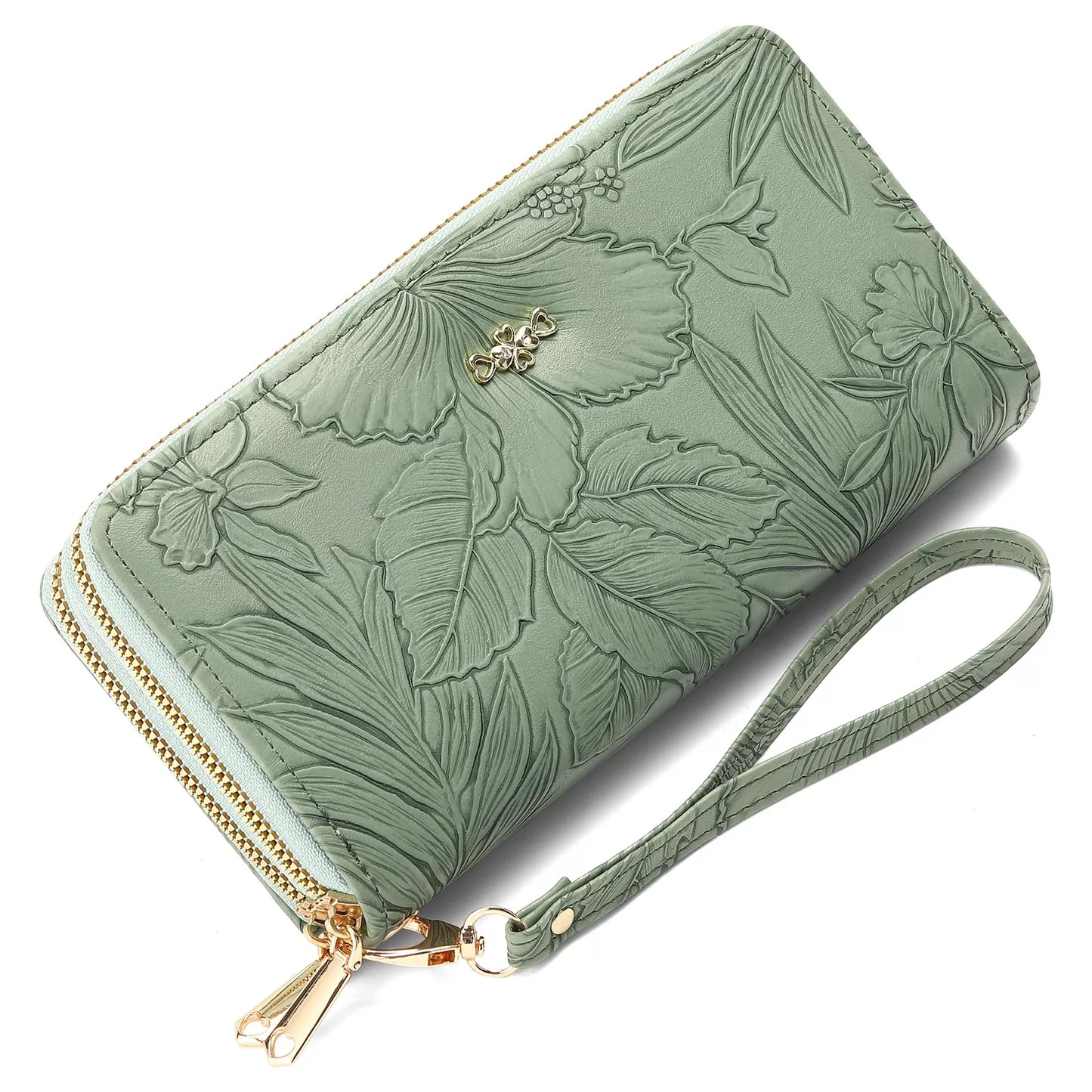 Embossed floral mini zip wallet in sage green with wrist strap