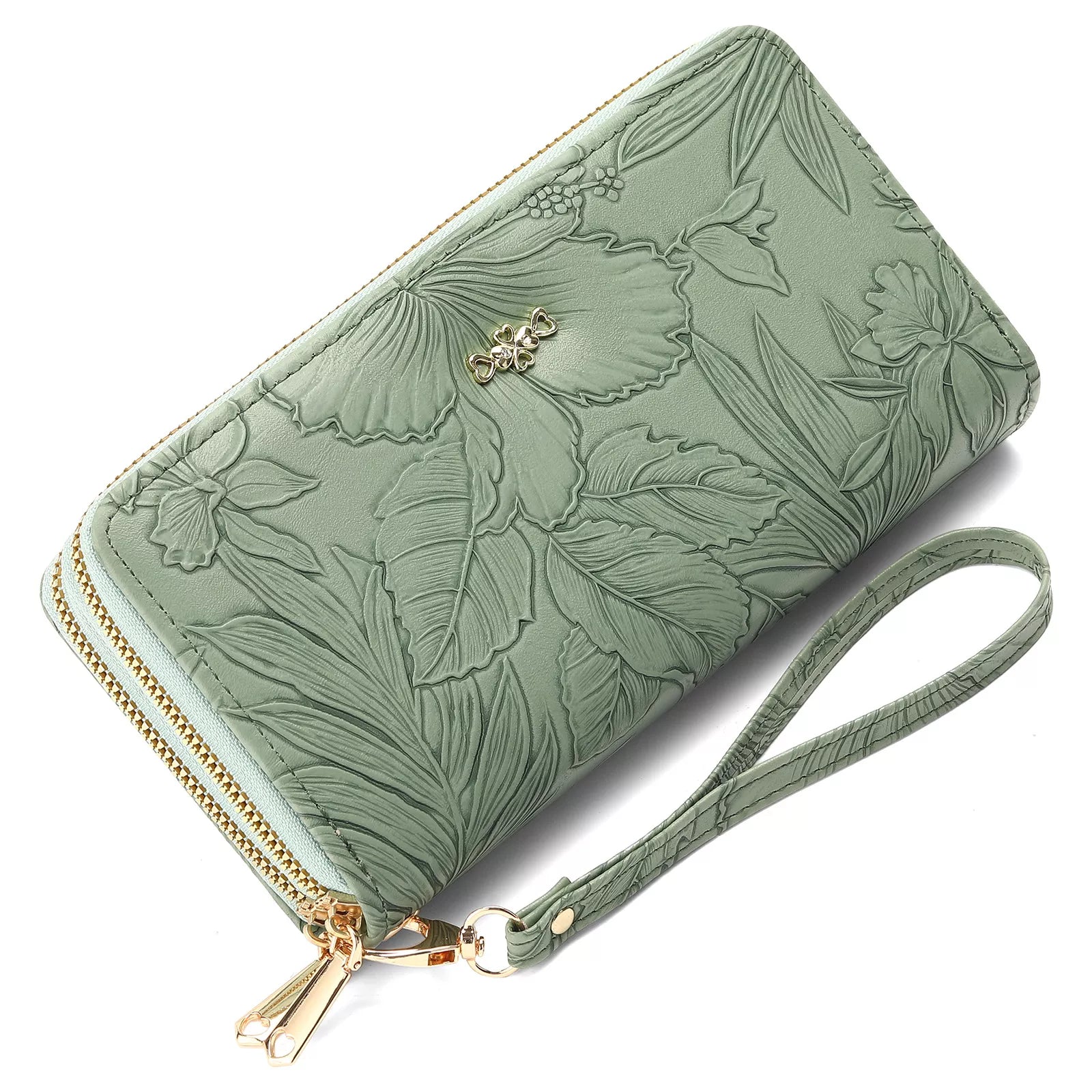 Embossed floral mini zip wallet in sage green with wrist strap