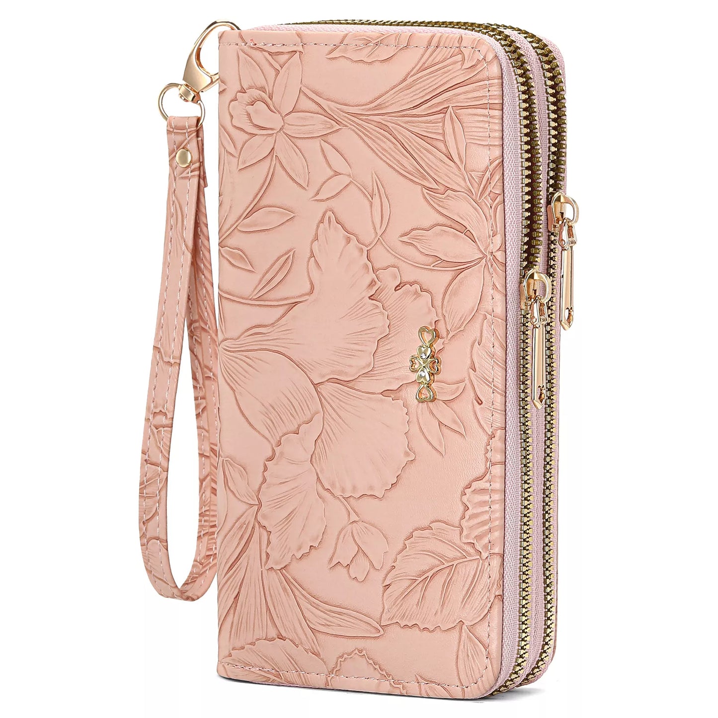 Embossed floral mini zip wallet in pink with wrist strap