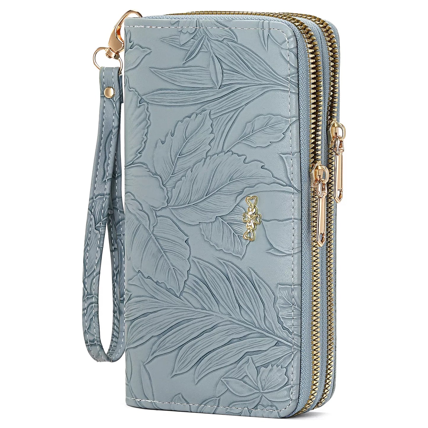 Embossed floral mini zip wallet in sage blue with wrist strap