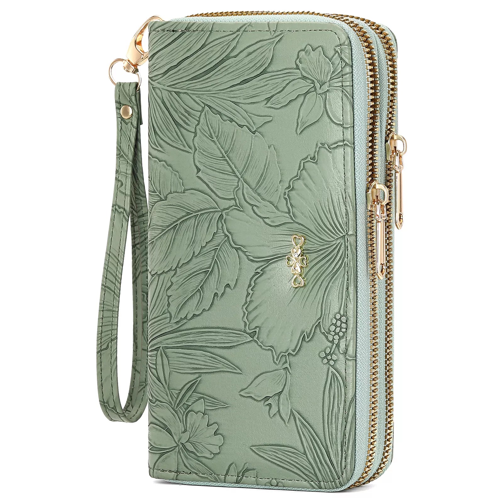 Embossed floral mini zip wallet in sage green with wrist strap