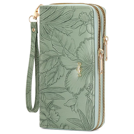 Embossed floral mini zip wallet in sage green with wrist strap