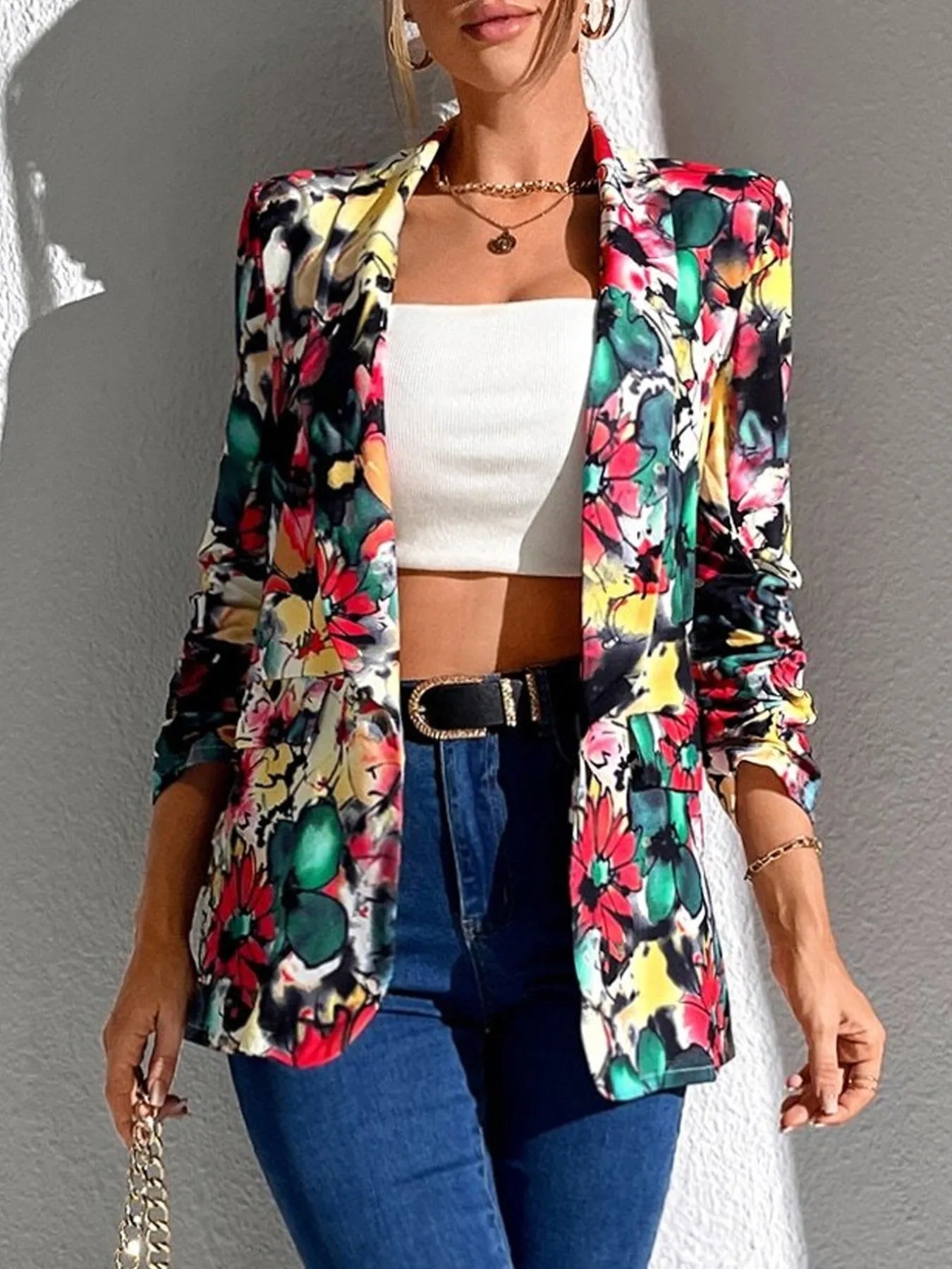 Botanical Burst Blazer – vibrant floral print open front jacket from A Whimsical Affair.