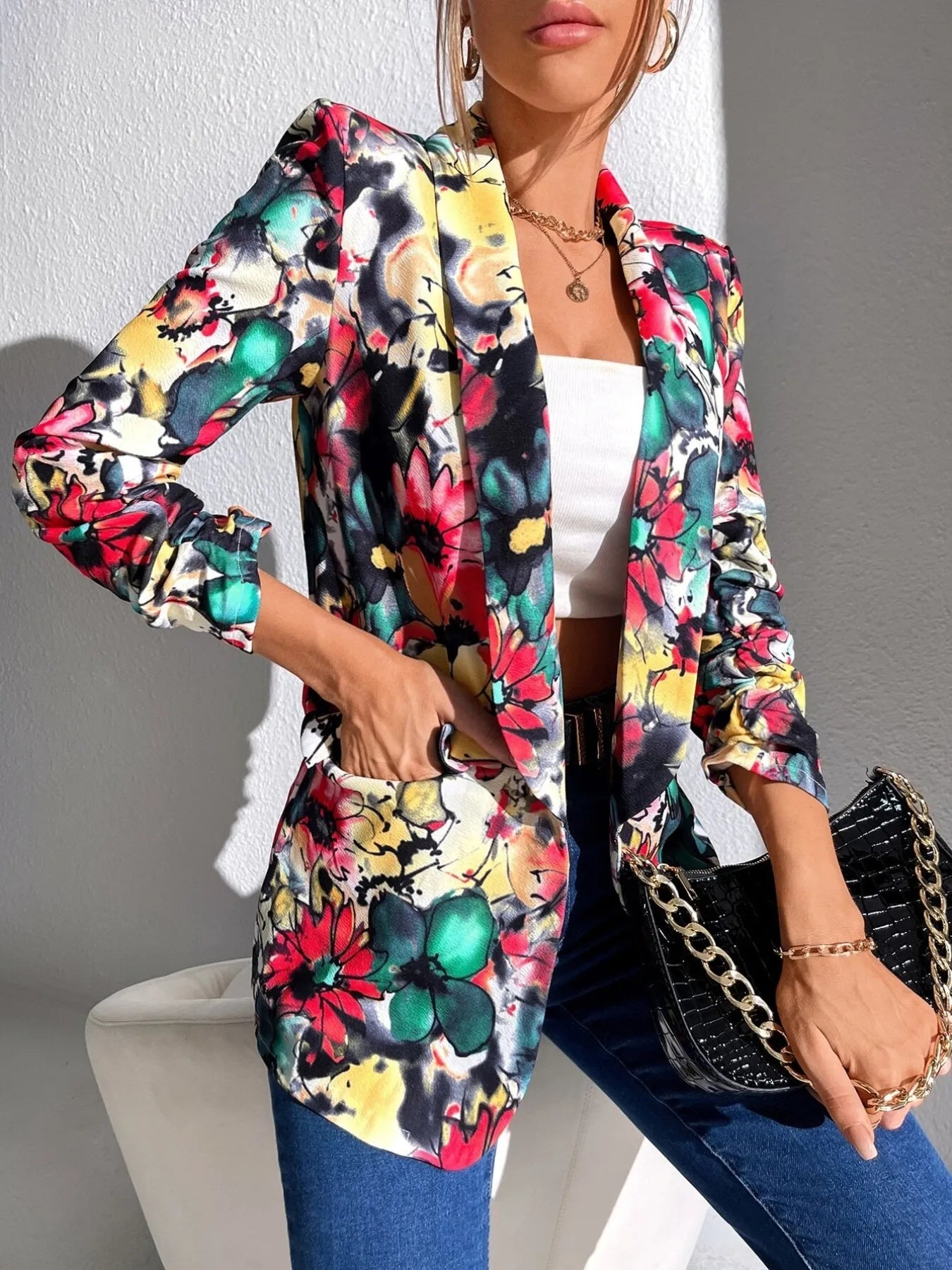 Botanical Burst Blazer – vibrant floral print open front jacket from A Whimsical Affair.