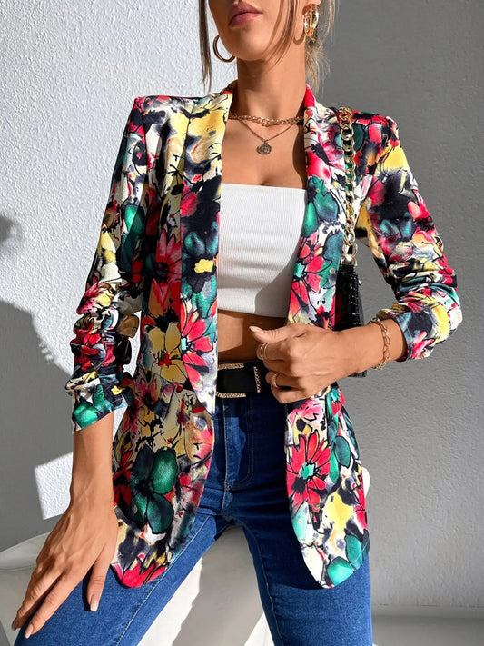 Botanical Burst Blazer – vibrant floral print open front jacket from A Whimsical Affair.