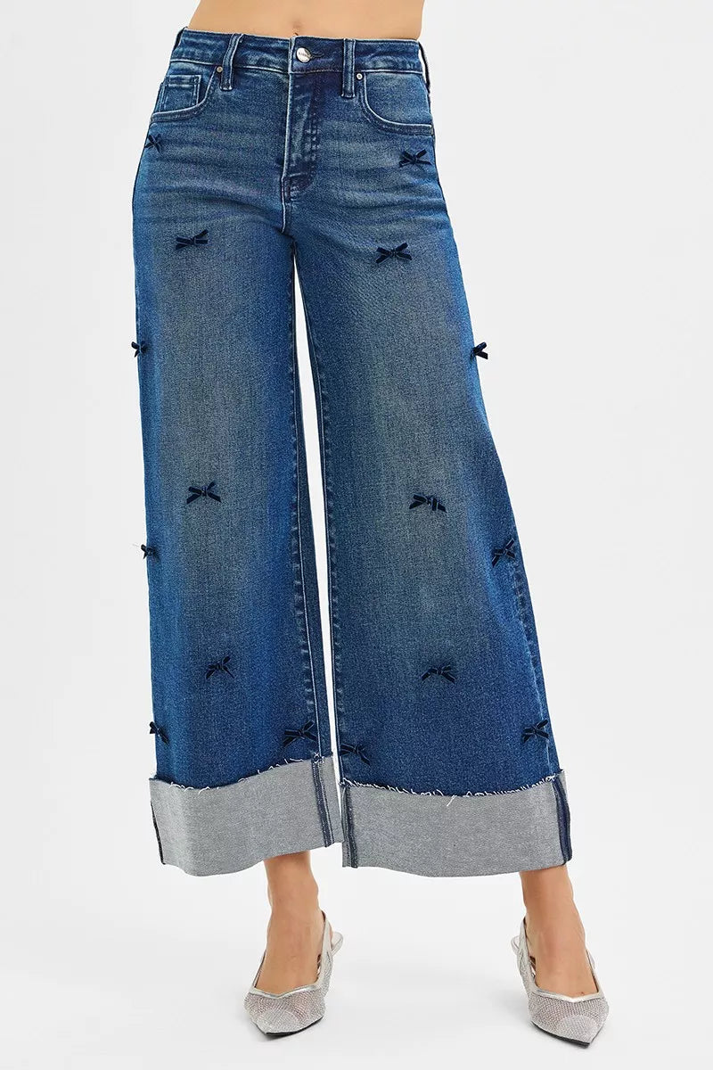 Bow & Beyond Wide Leg Jeans with ribbon bow details and wide cropped leg