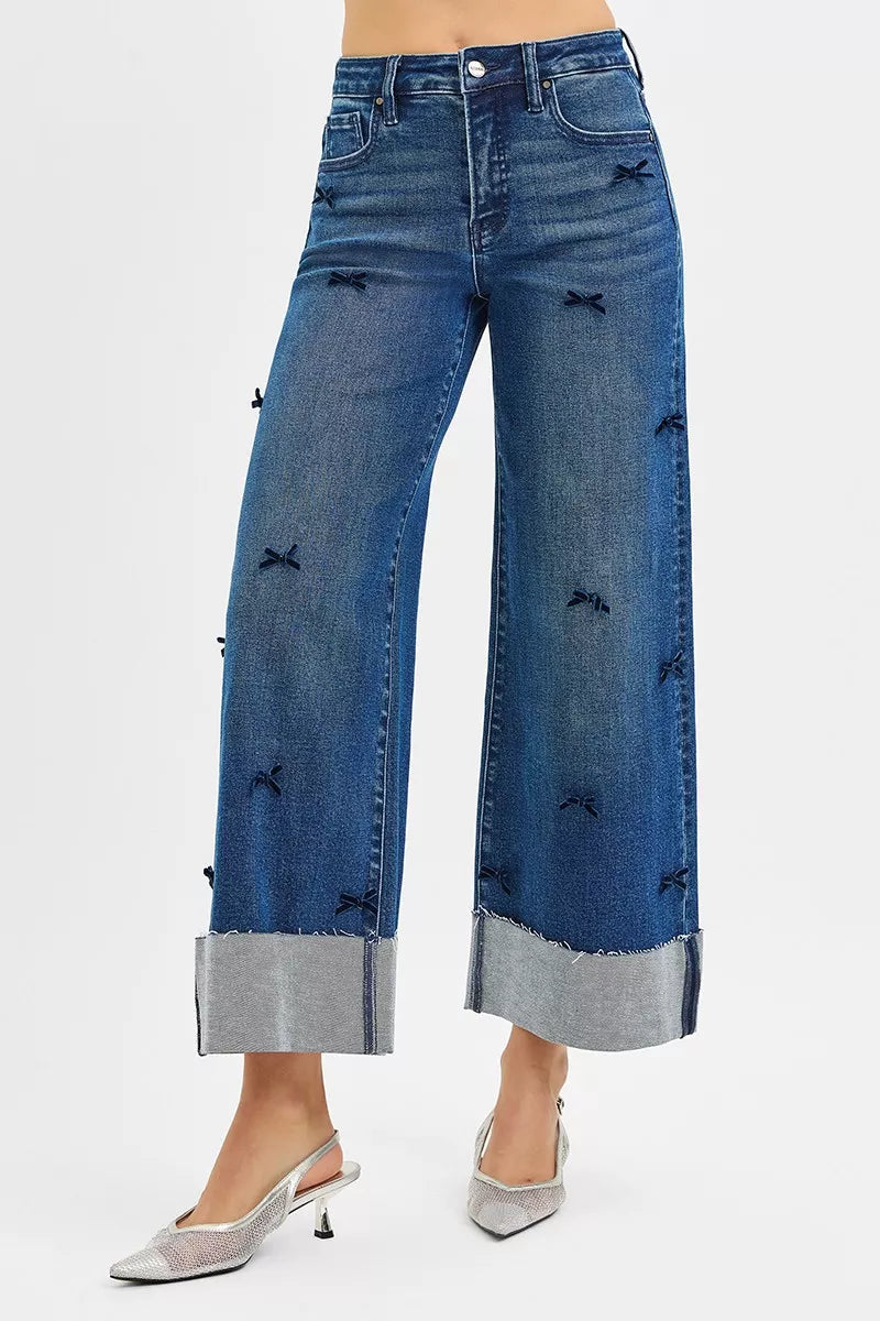 Bow & Beyond Wide Leg Jeans with ribbon bow details and wide cropped leg