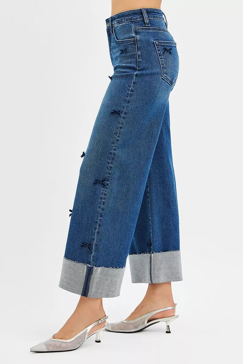Bow & Beyond Wide Leg Jeans with ribbon bow details and wide cropped leg