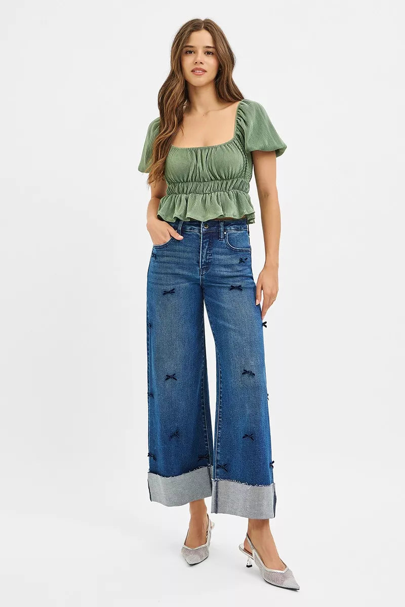 Bow & Beyond Wide Leg Jeans with ribbon bow details and wide cropped leg