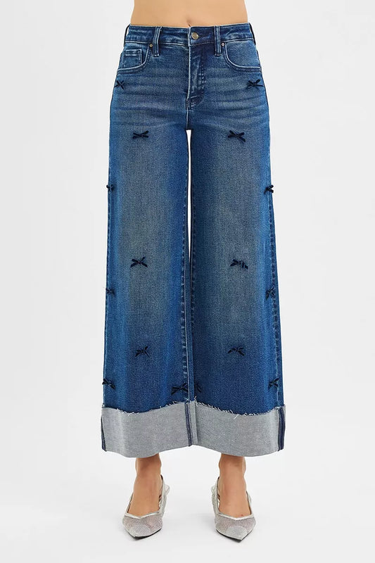 Bow & Beyond Wide Leg Jeans with ribbon bow details and wide cropped leg