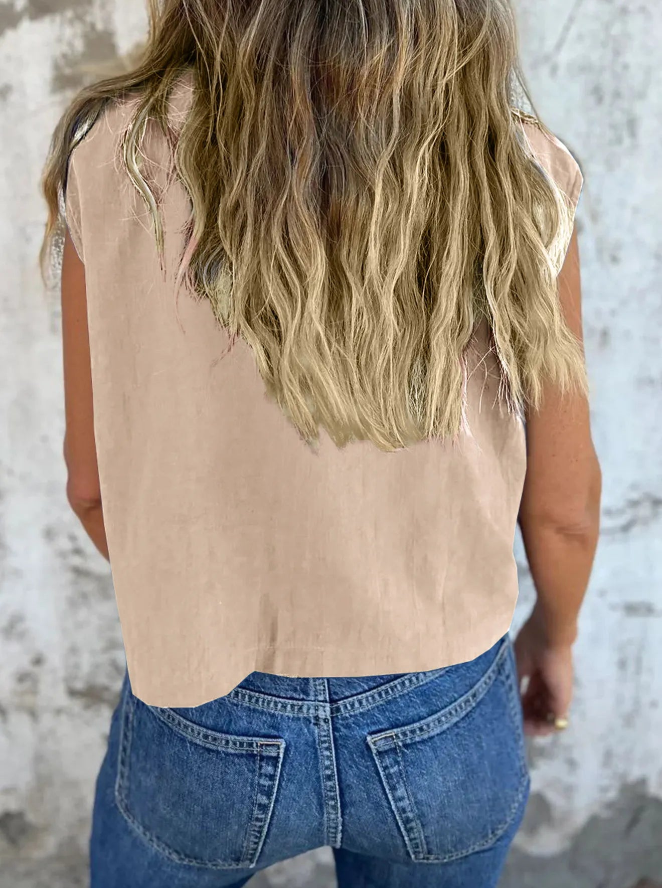 Breezy Linen Cap Sleeve Shirt in apricot with button-down front, cap sleeves, and pockets.