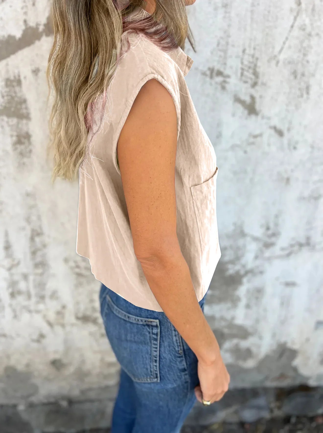 Breezy Linen Cap Sleeve Shirt in apricot with button-down front, cap sleeves, and pockets.