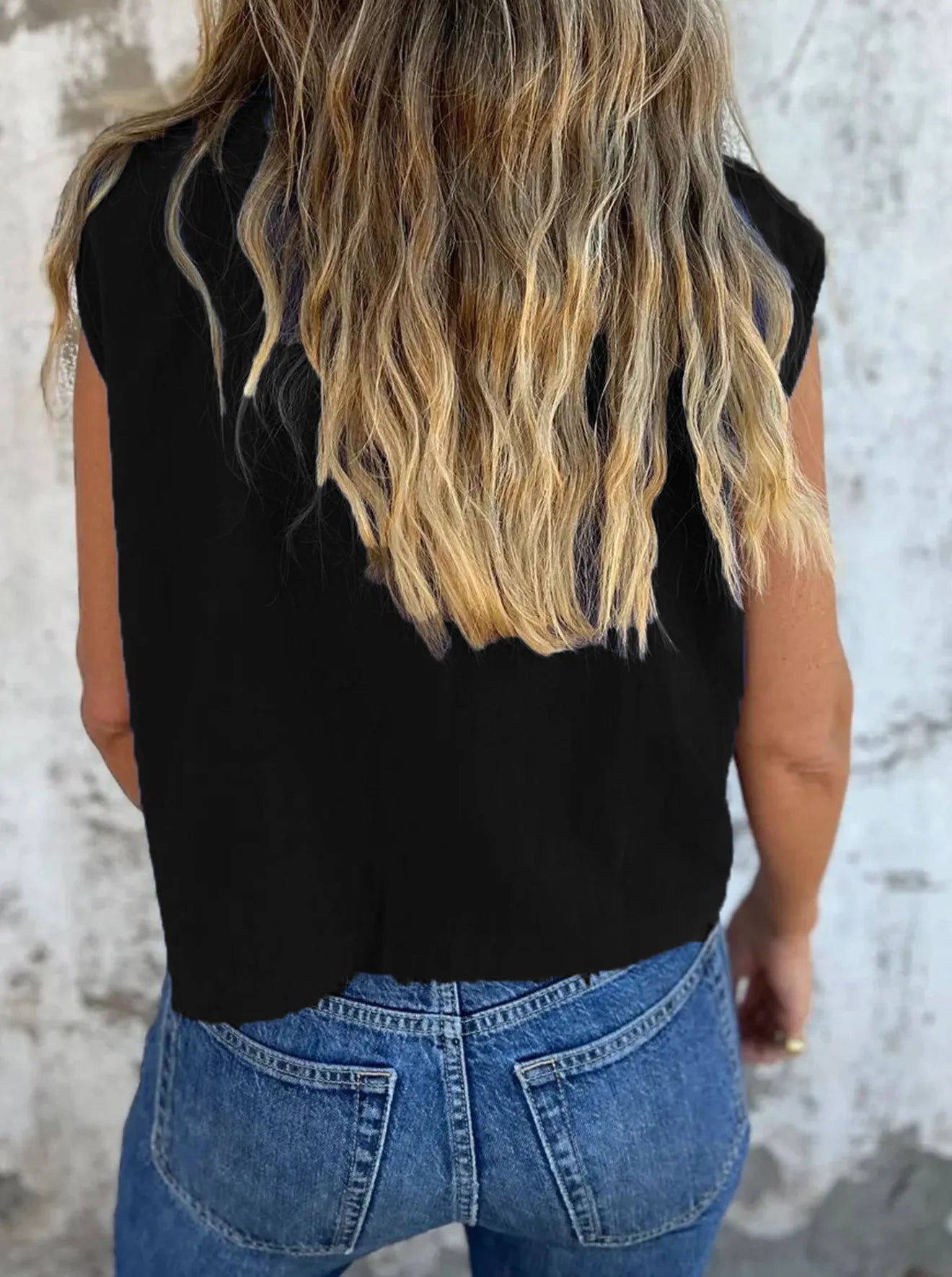 Breezy Linen Cap Sleeve Shirt in black with button-down front, cap sleeves, and pockets.