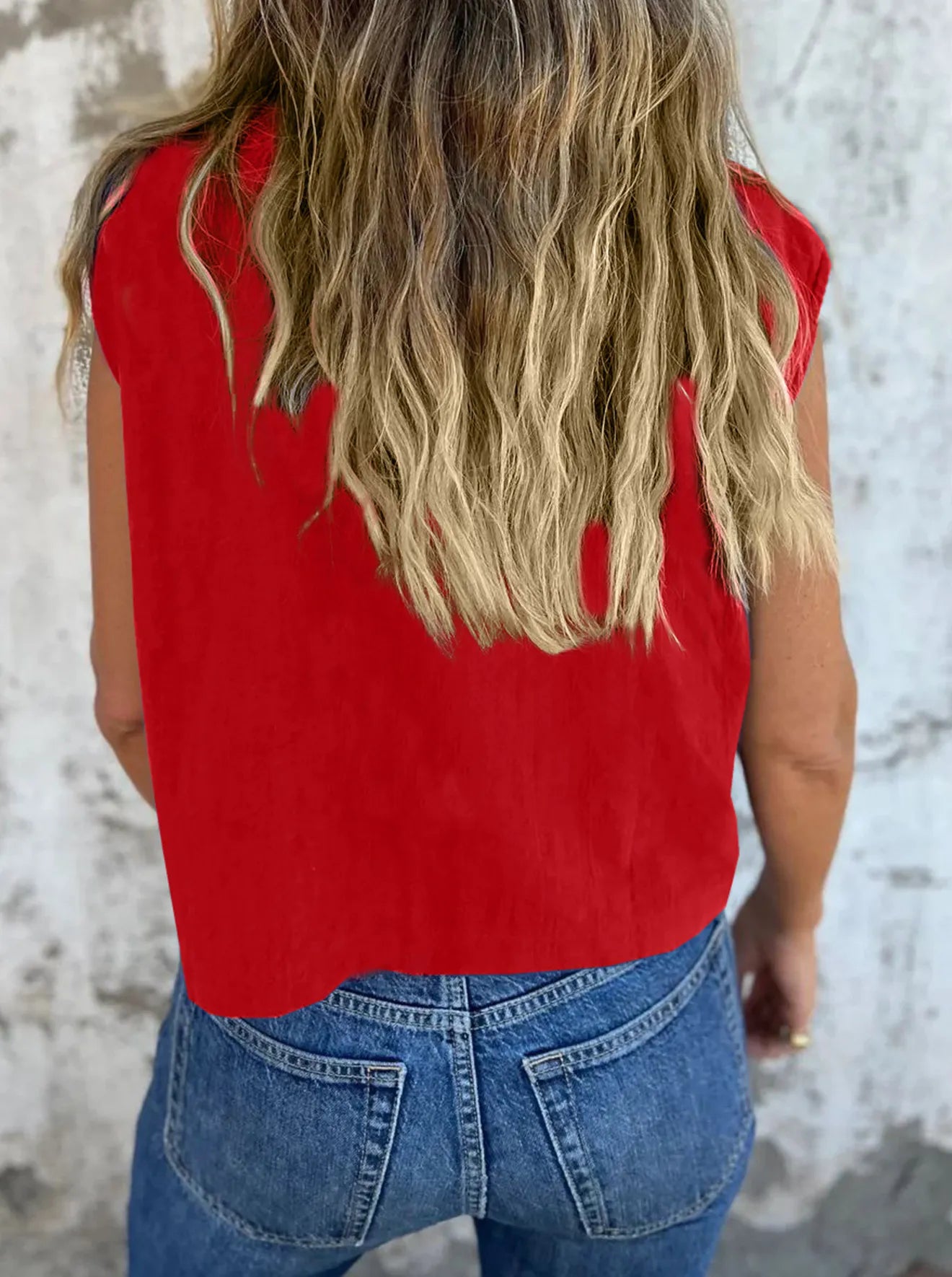 Breezy Linen Cap Sleeve Shirt in red with button-down front, cap sleeves, and pockets.