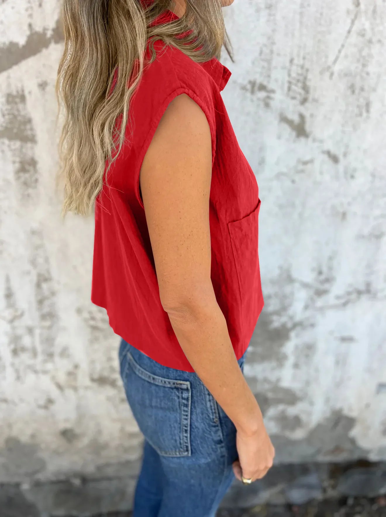 Breezy Linen Cap Sleeve Shirt in red with button-down front, cap sleeves, and pockets.