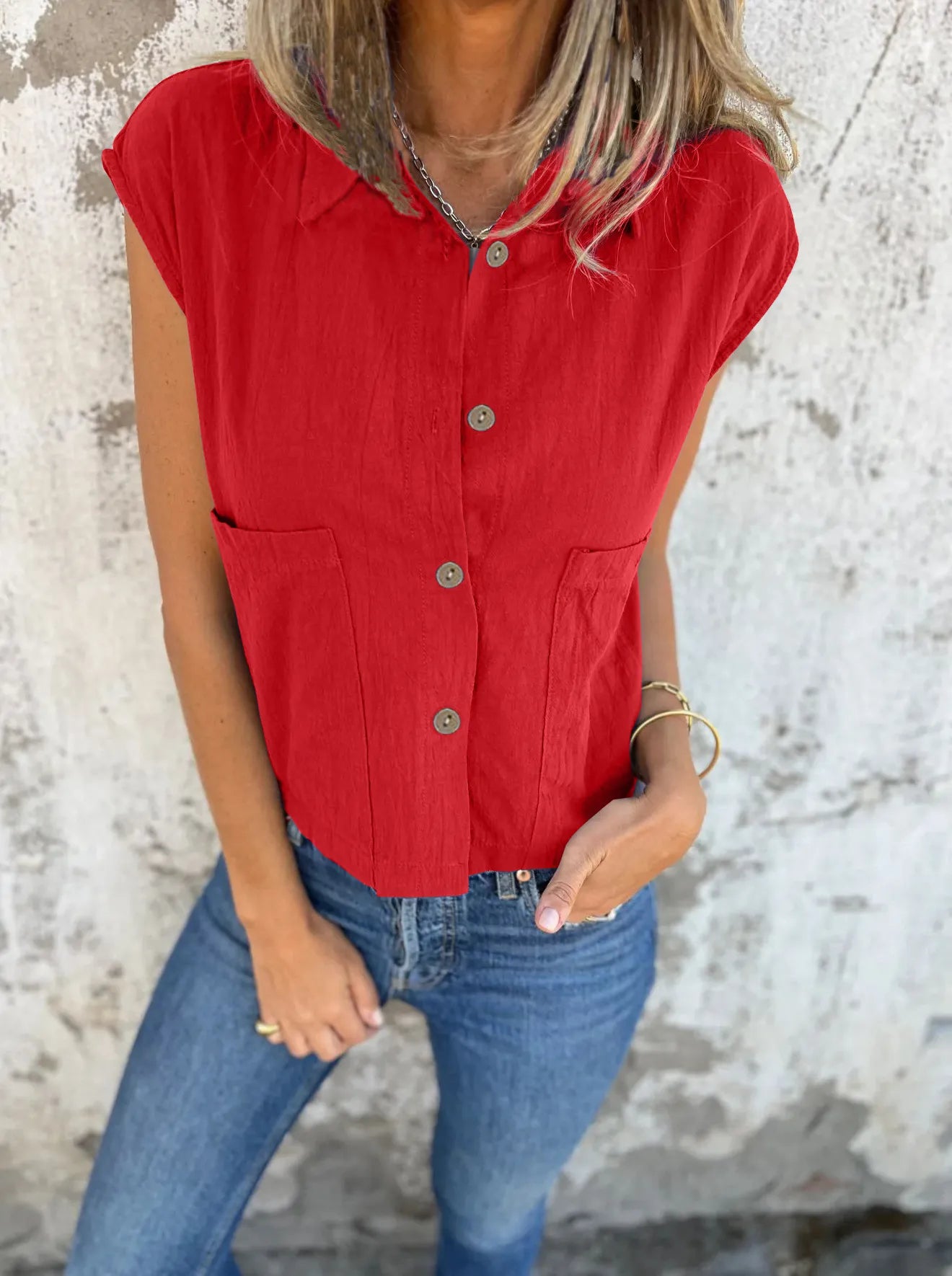 Breezy Linen Cap Sleeve Shirt in red with button-down front, cap sleeves, and pockets.