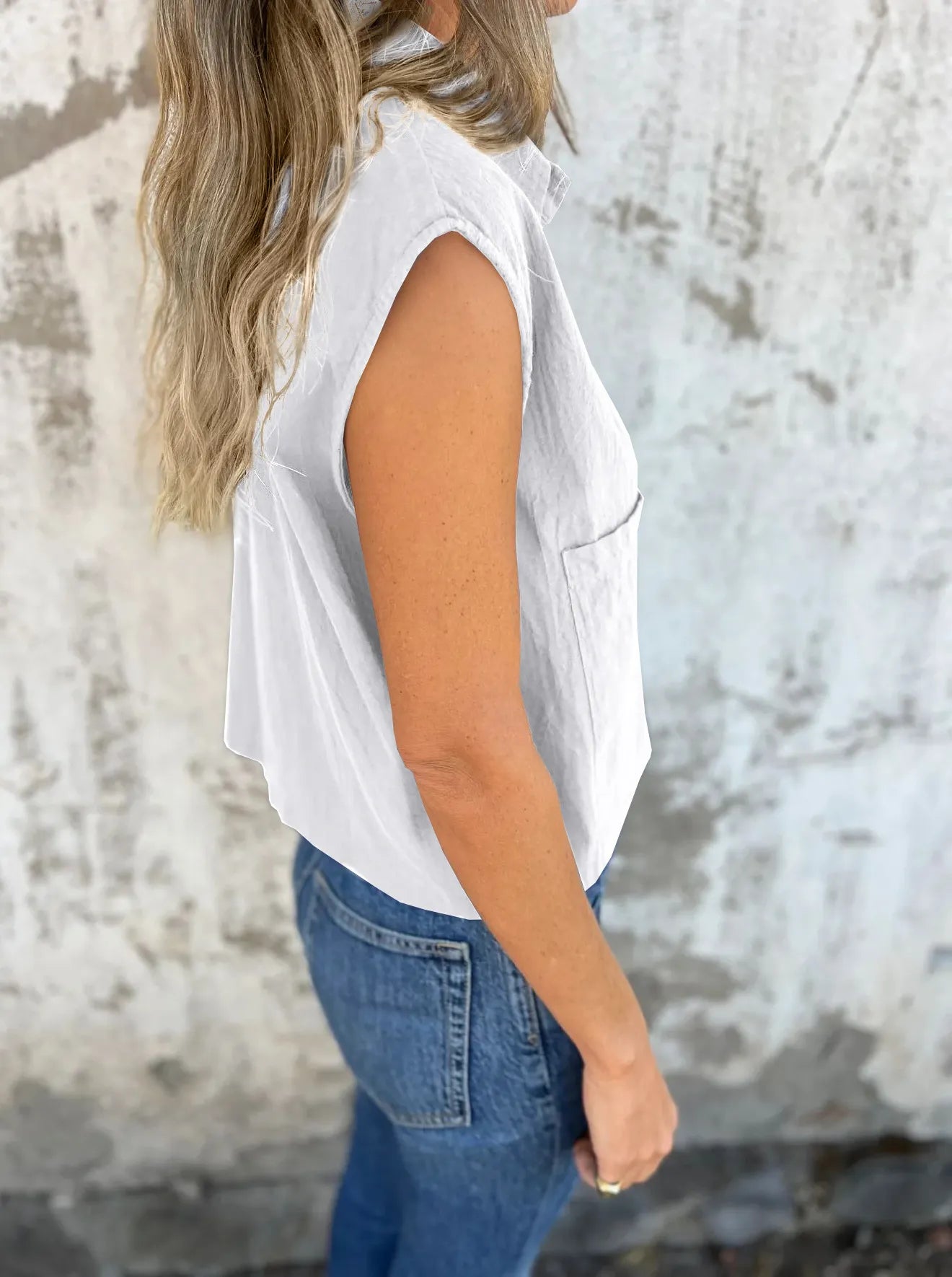 Breezy Linen Cap Sleeve Shirt in white with button-down front, cap sleeves, and pockets.