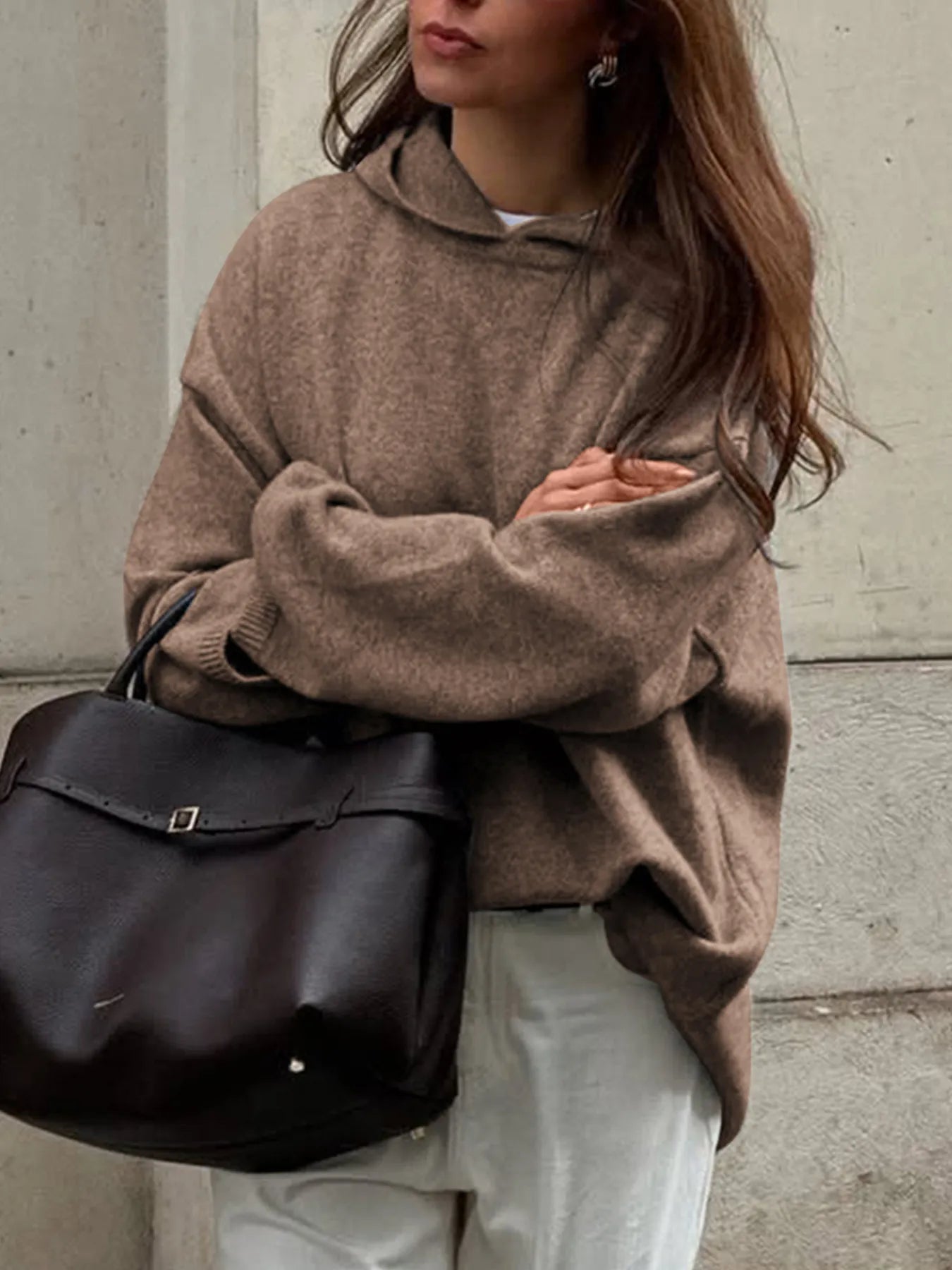 Oversized hooded sweater with long sleeves, available in brown, grey, black, and burgundy – Cozy Haven style from A Whimsical Affair.