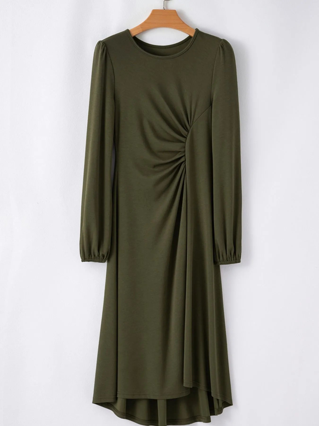 Long sleeve ruched midi dress in coffee brown, cerise, and deep red – Velvet Roast style from A Whimsical Affair.