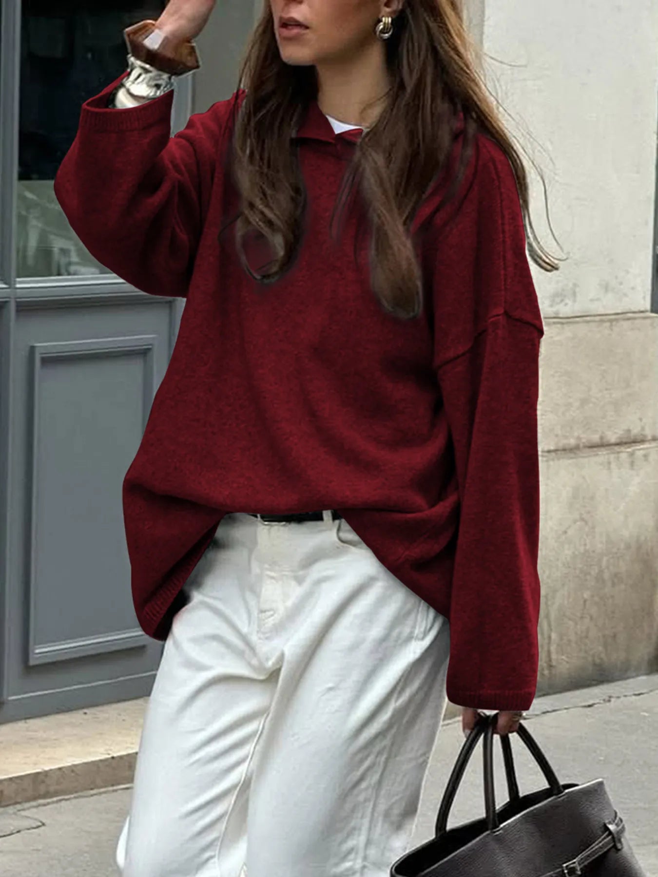 Oversized hooded sweater with long sleeves, available in brown, grey, black, and burgundy – Cozy Haven style from A Whimsical Affair.