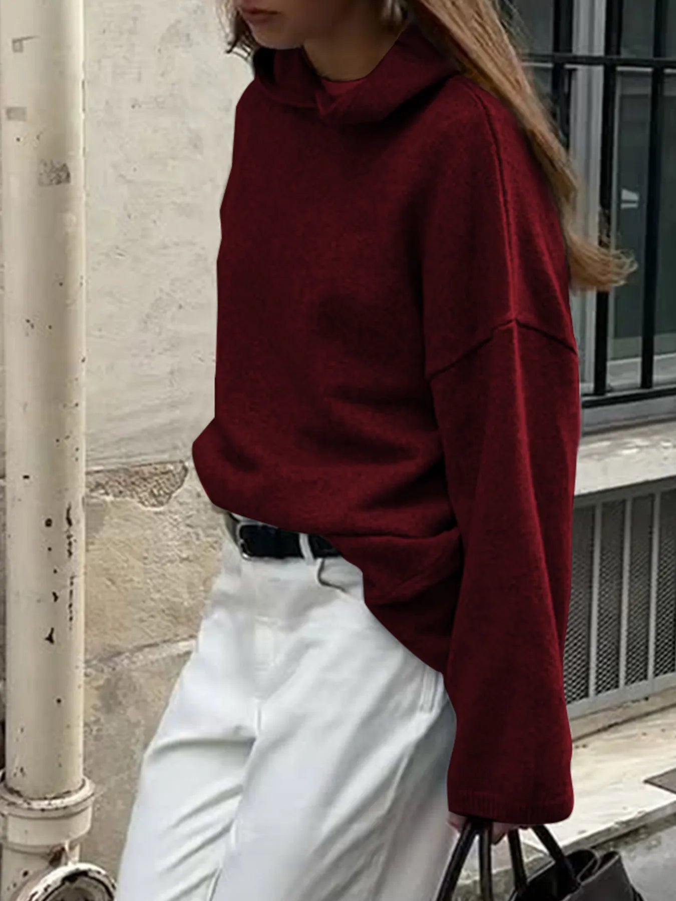 Oversized hooded sweater with long sleeves, available in brown, grey, black, and burgundy – Cozy Haven style from A Whimsical Affair.
