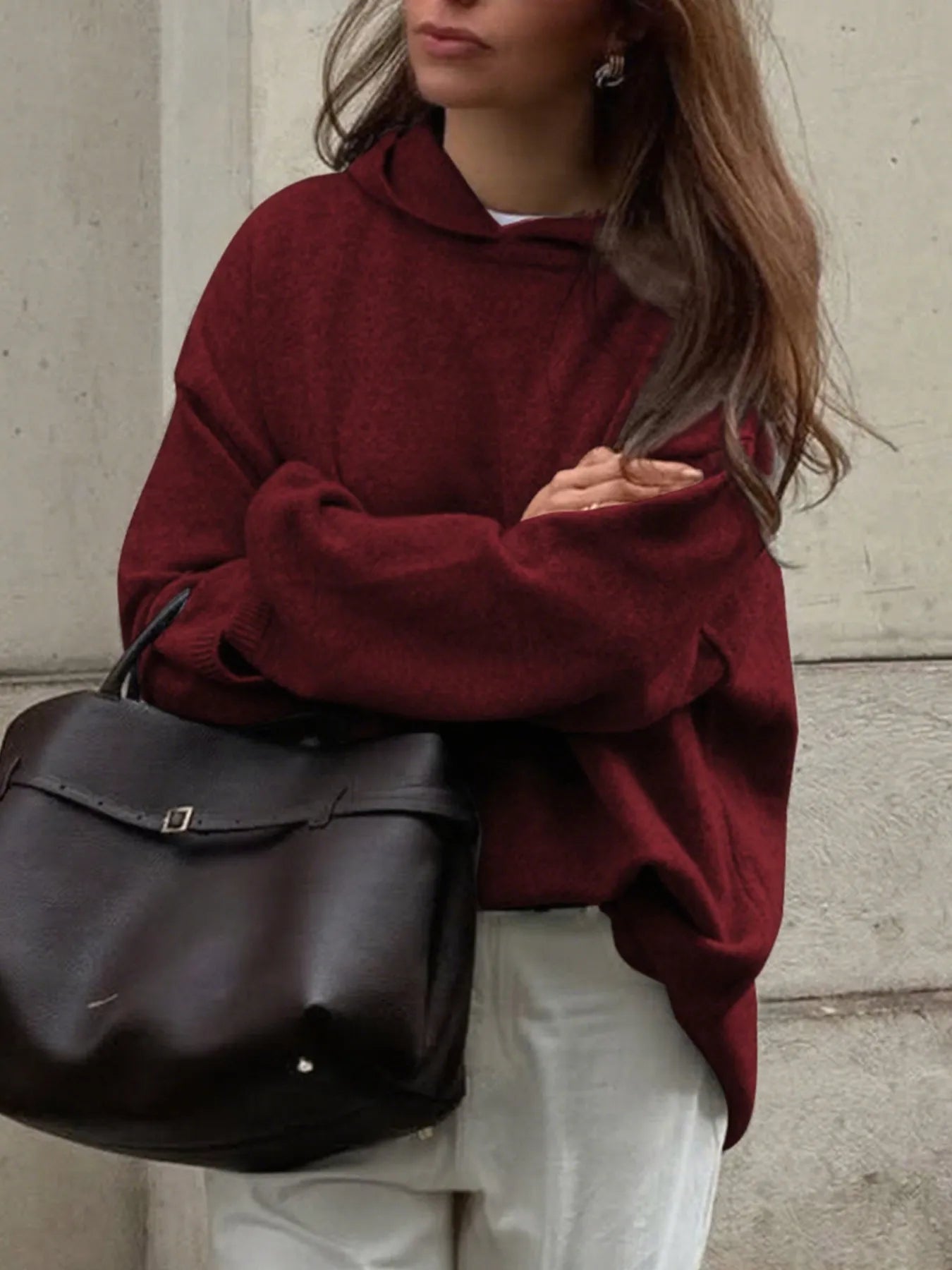 Oversized hooded sweater with long sleeves, available in brown, grey, black, and burgundy – Cozy Haven style from A Whimsical Affair.