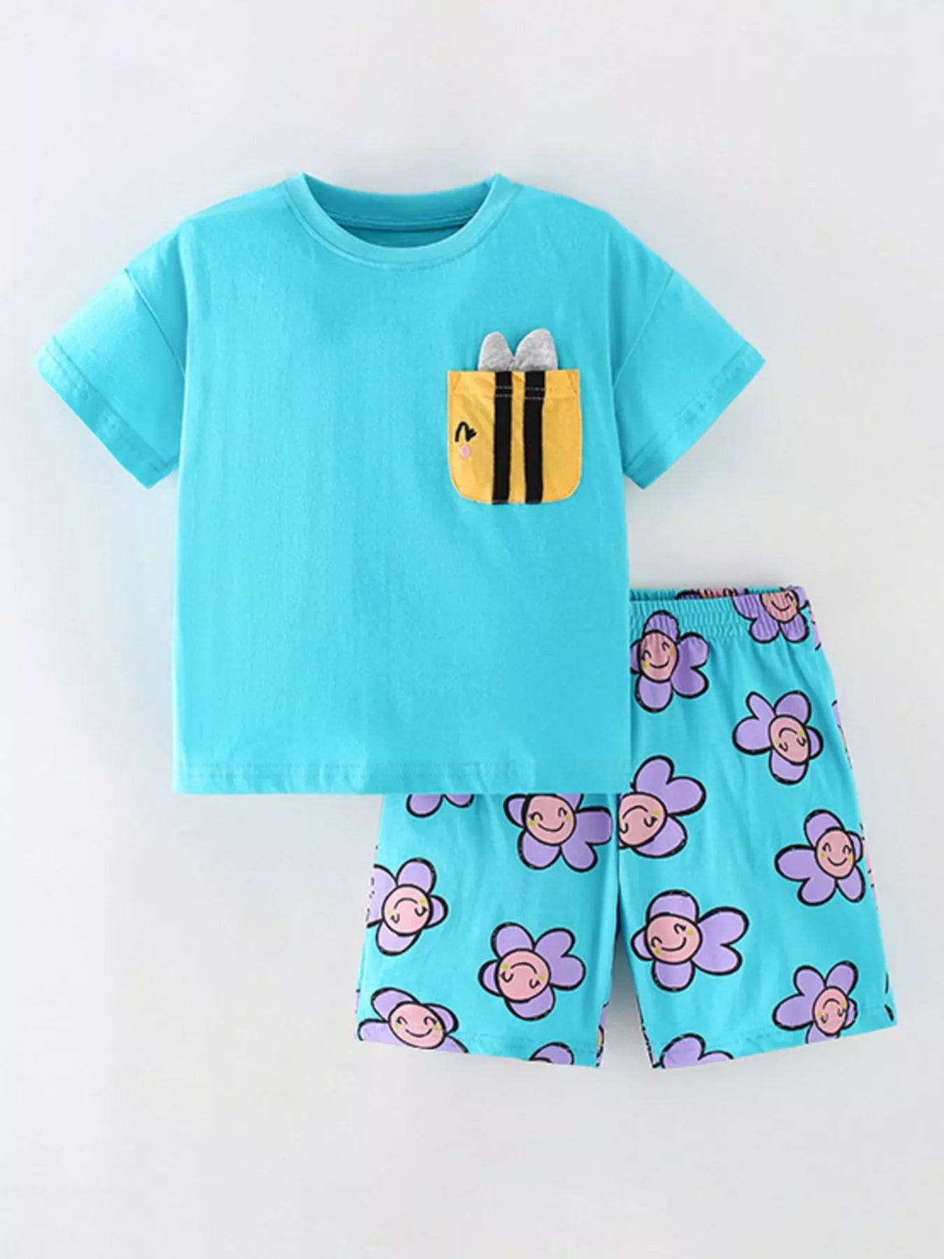 Turquoise kids two piece cotton set with bee pocket t shirt and smiling flower print shorts