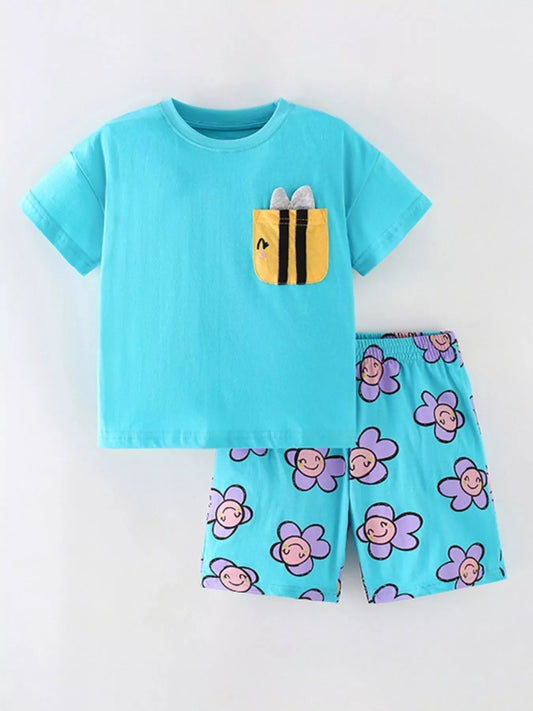 Turquoise kids two piece cotton set with bee pocket t shirt and smiling flower print shorts