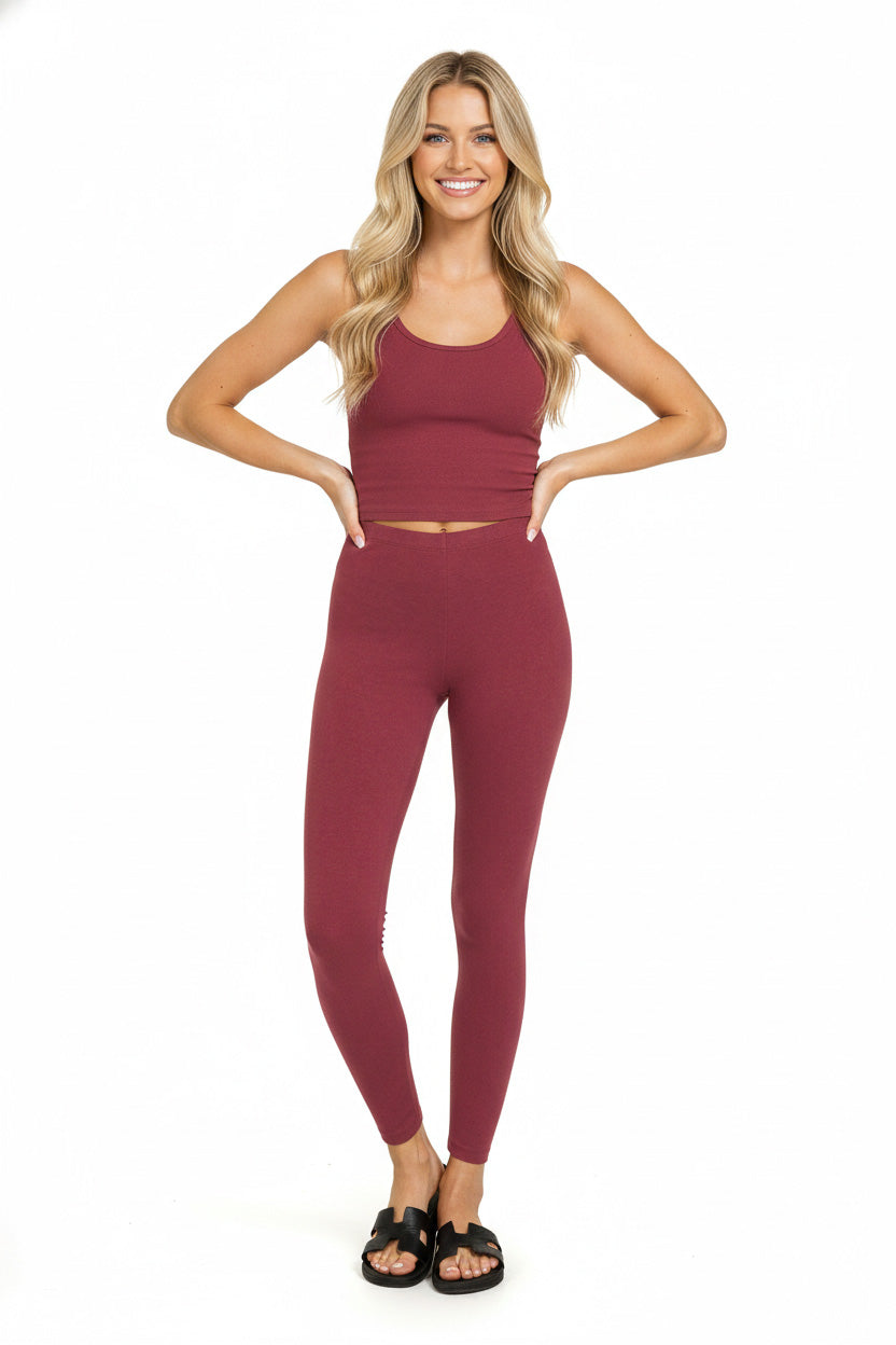 Cabernet red full-length cotton leggings with stretchy fitted silhouette.