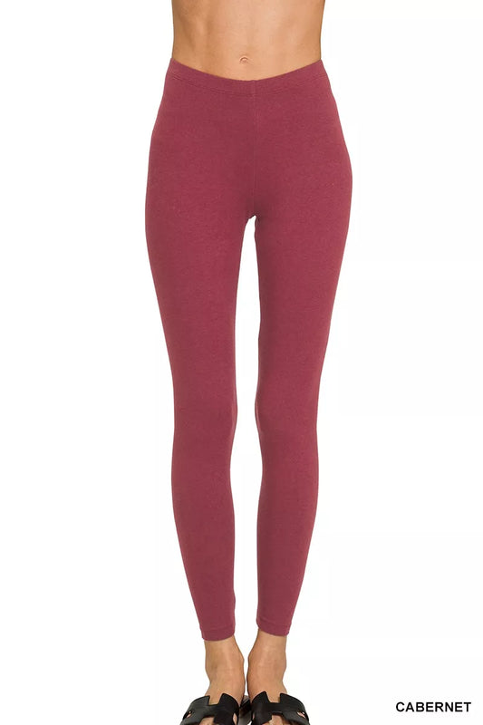 Cabernet red full-length cotton leggings with stretchy fitted silhouette.