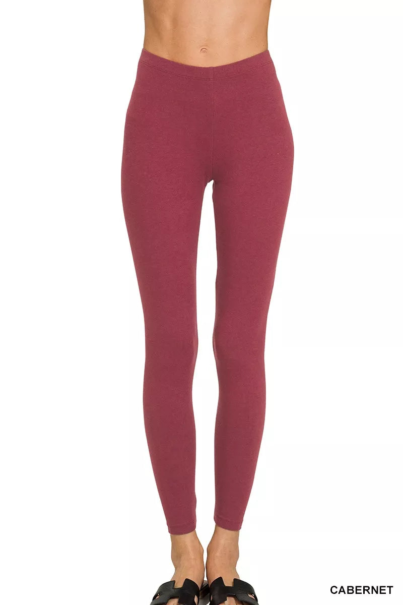 Cabernet red full-length cotton leggings with stretchy fitted silhouette.
