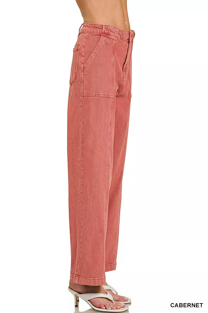 High rise straight leg utility jeans in cabernet wash with front pockets