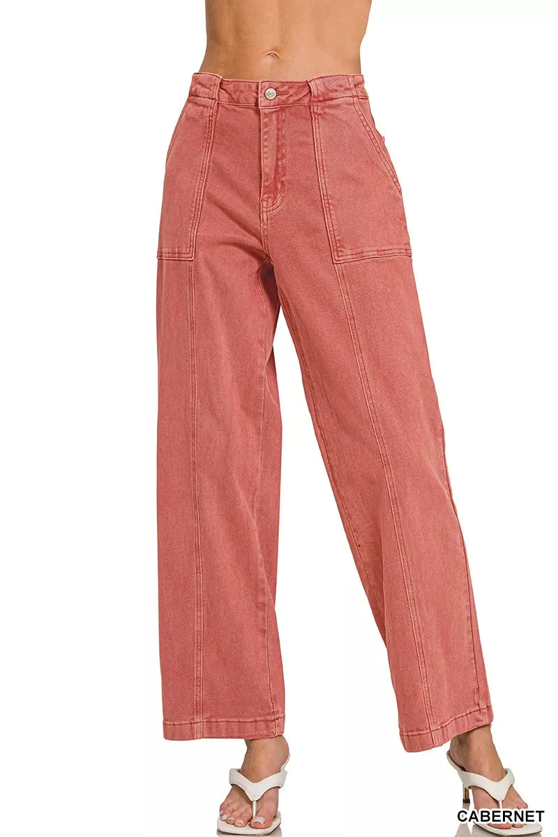 High rise straight leg utility jeans in cabernet wash with front pockets