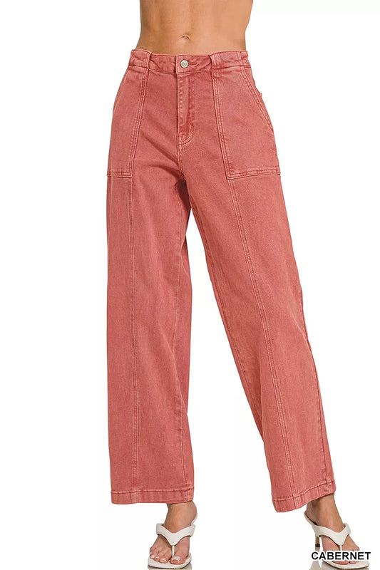 High rise straight leg utility jeans in cabernet wash with front pockets
