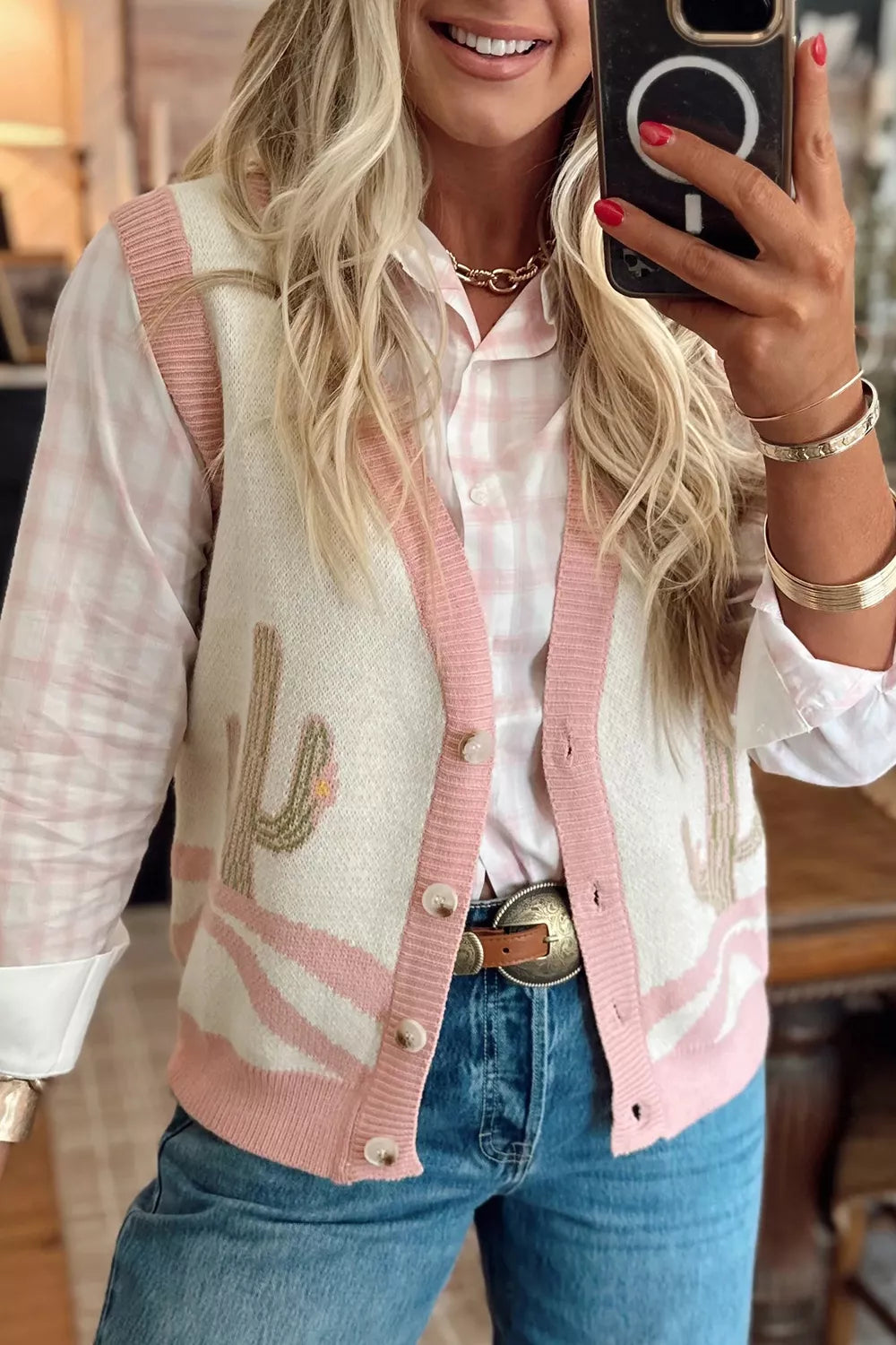 Sleeveless button-front knit vest with cactus designs, pink trim, soft stretch fabric, and desert-inspired boho style.