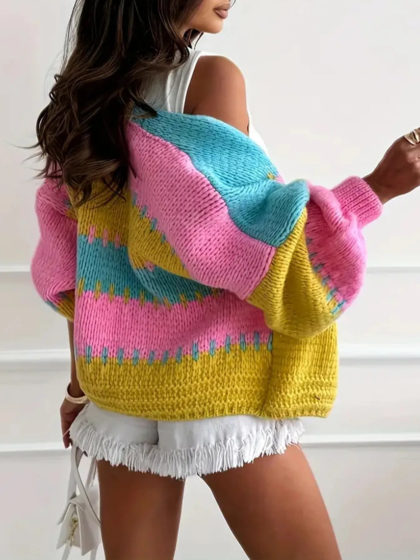 Candy Cloud Cardigan – oversized color block knit in fuchsia, pink, yellow, and blue.