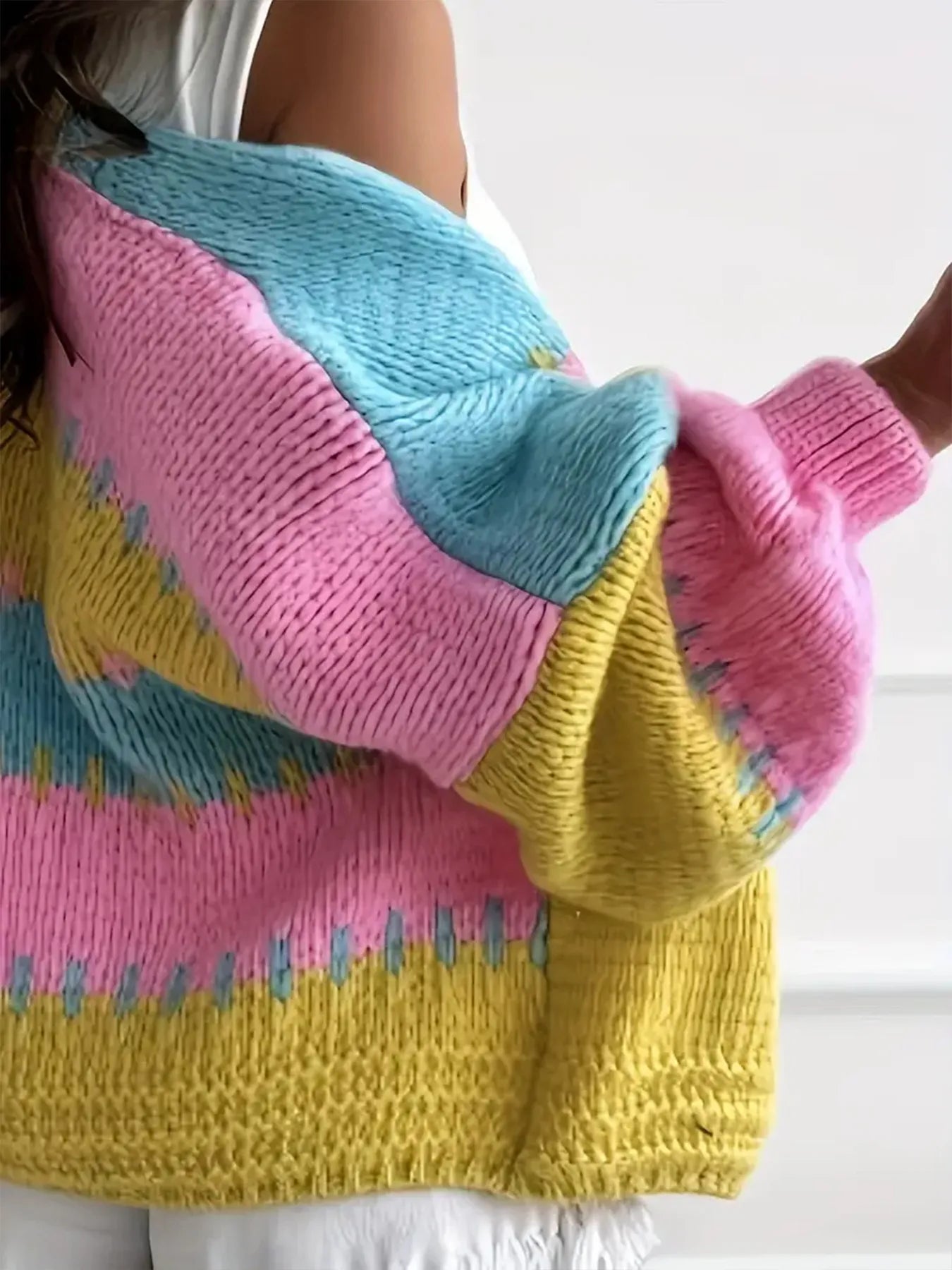 Candy Cloud Cardigan – oversized color block knit in fuchsia, pink, yellow, and blue.