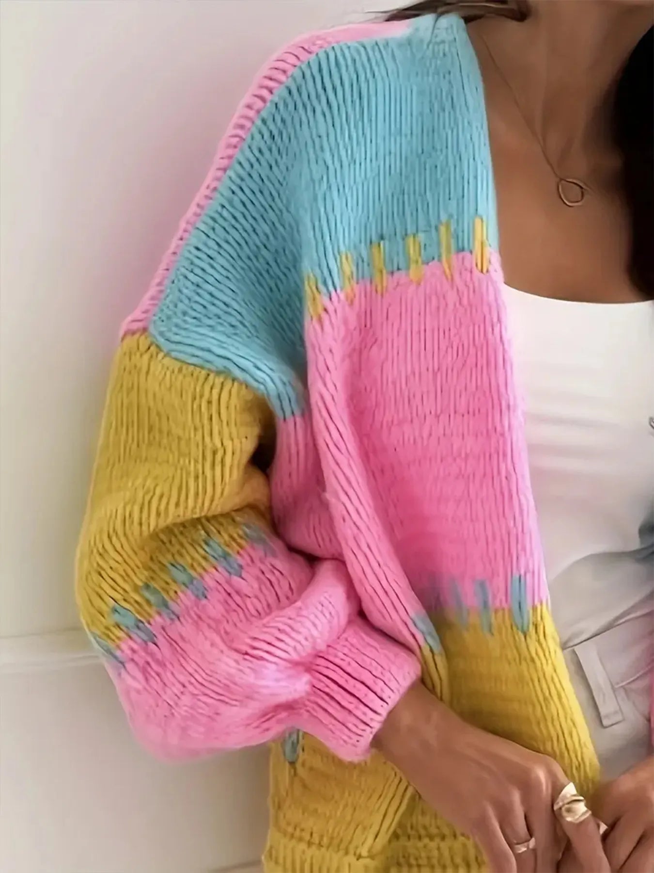 Candy Cloud Cardigan – oversized color block knit in fuchsia, pink, yellow, and blue.