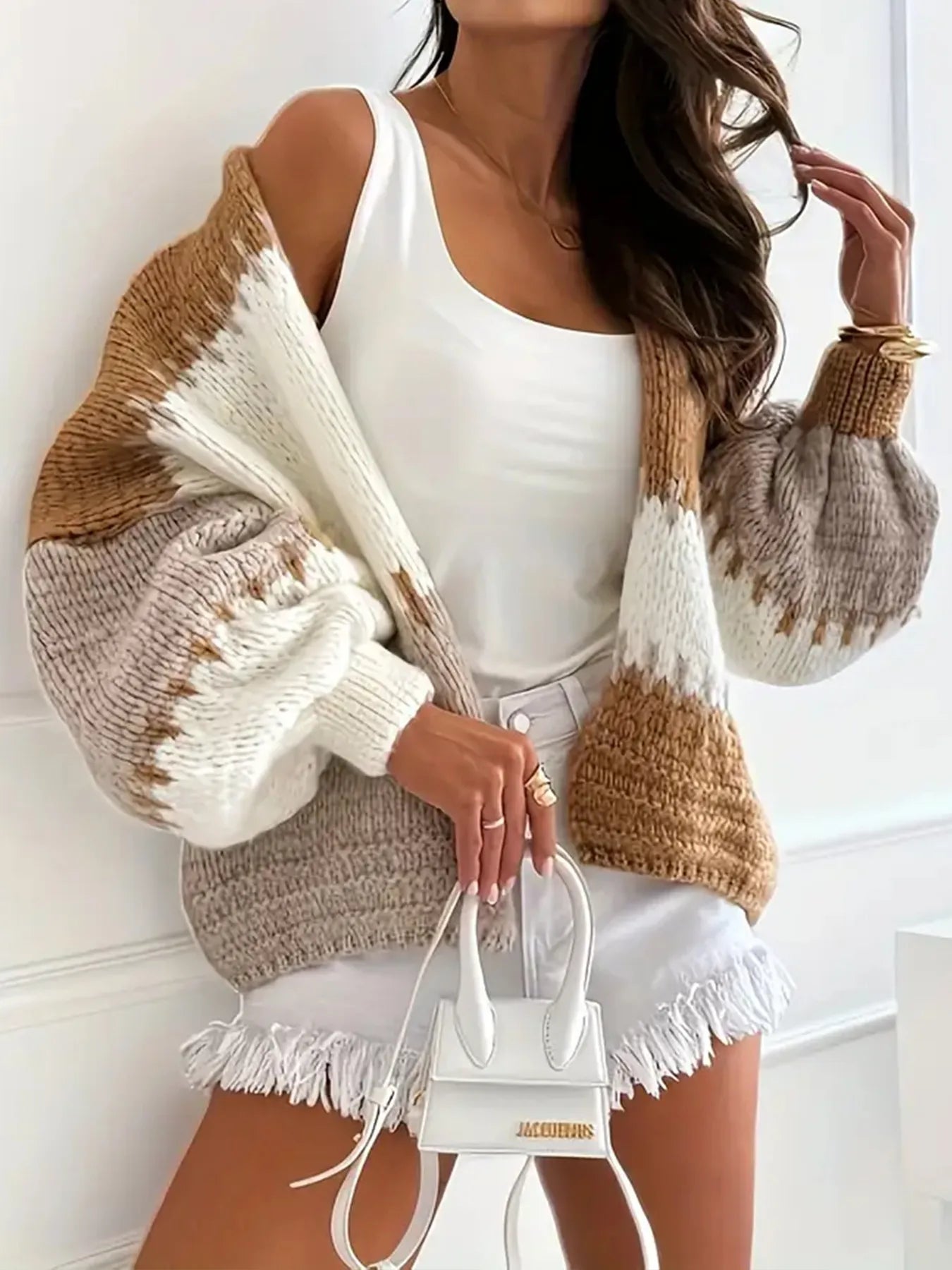 Candy Cloud Cardigan – oversized color block knit in khaki, beige, and cream.
