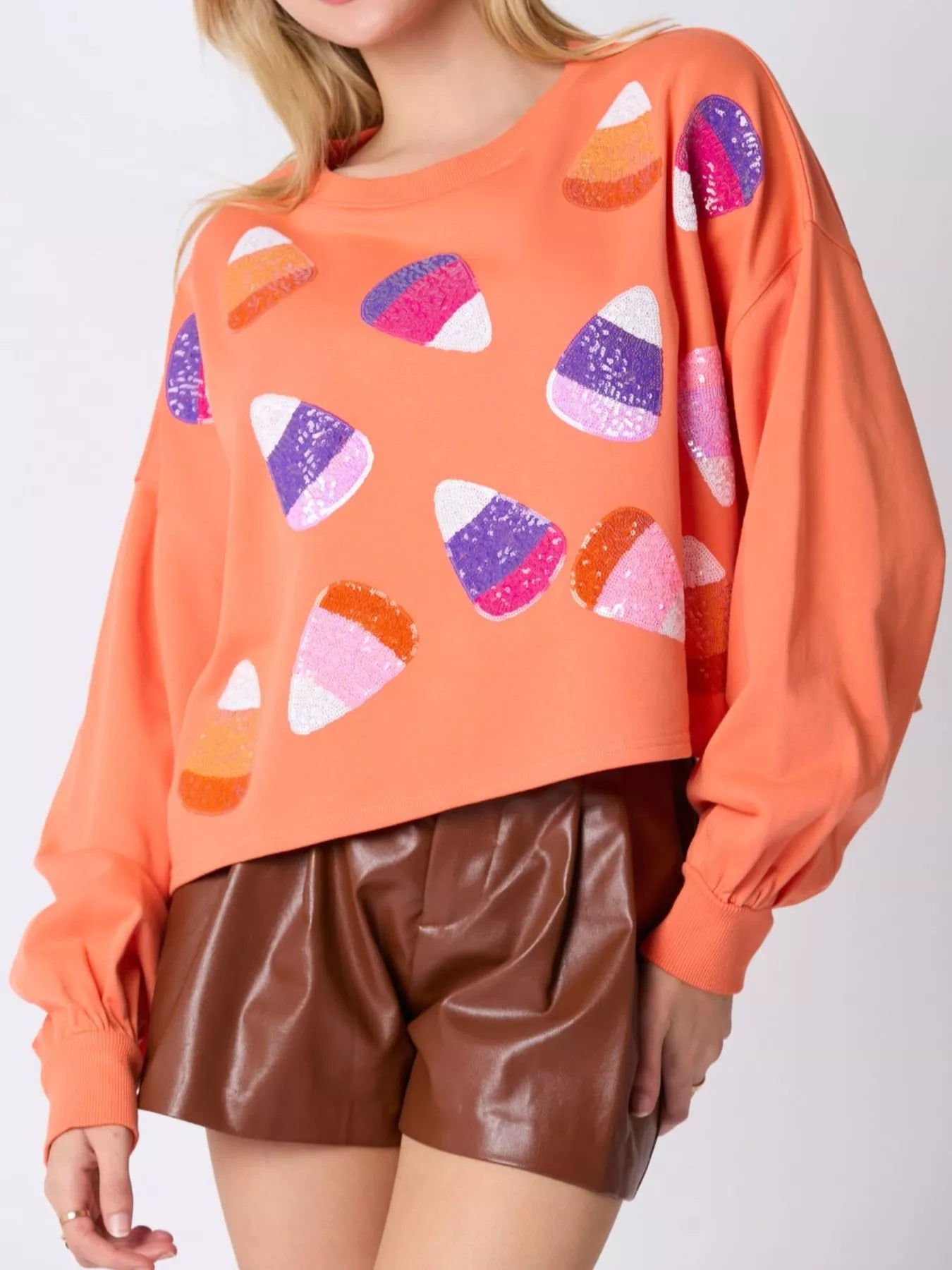 Orange Candy Corn Sparkle Sweatshirt with sequin candy corn design, oversized fall sweater.