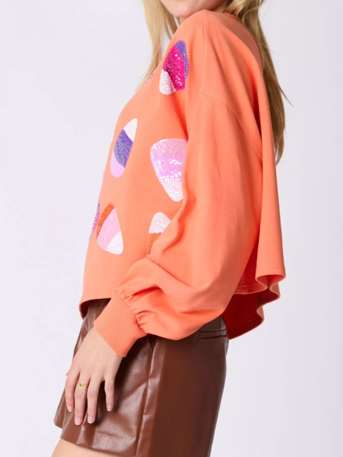 Orange Candy Corn Sparkle Sweatshirt with sequin candy corn design, oversized fall sweater.